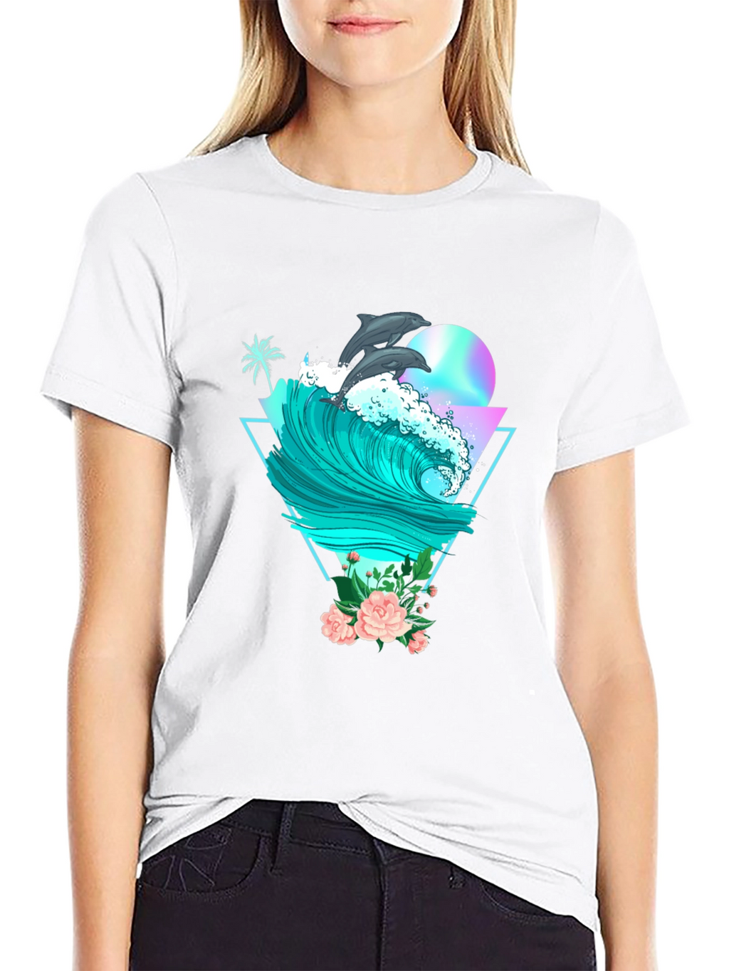 Dolphin Wave Graphic Tee - Black Cotton T-Shirt
