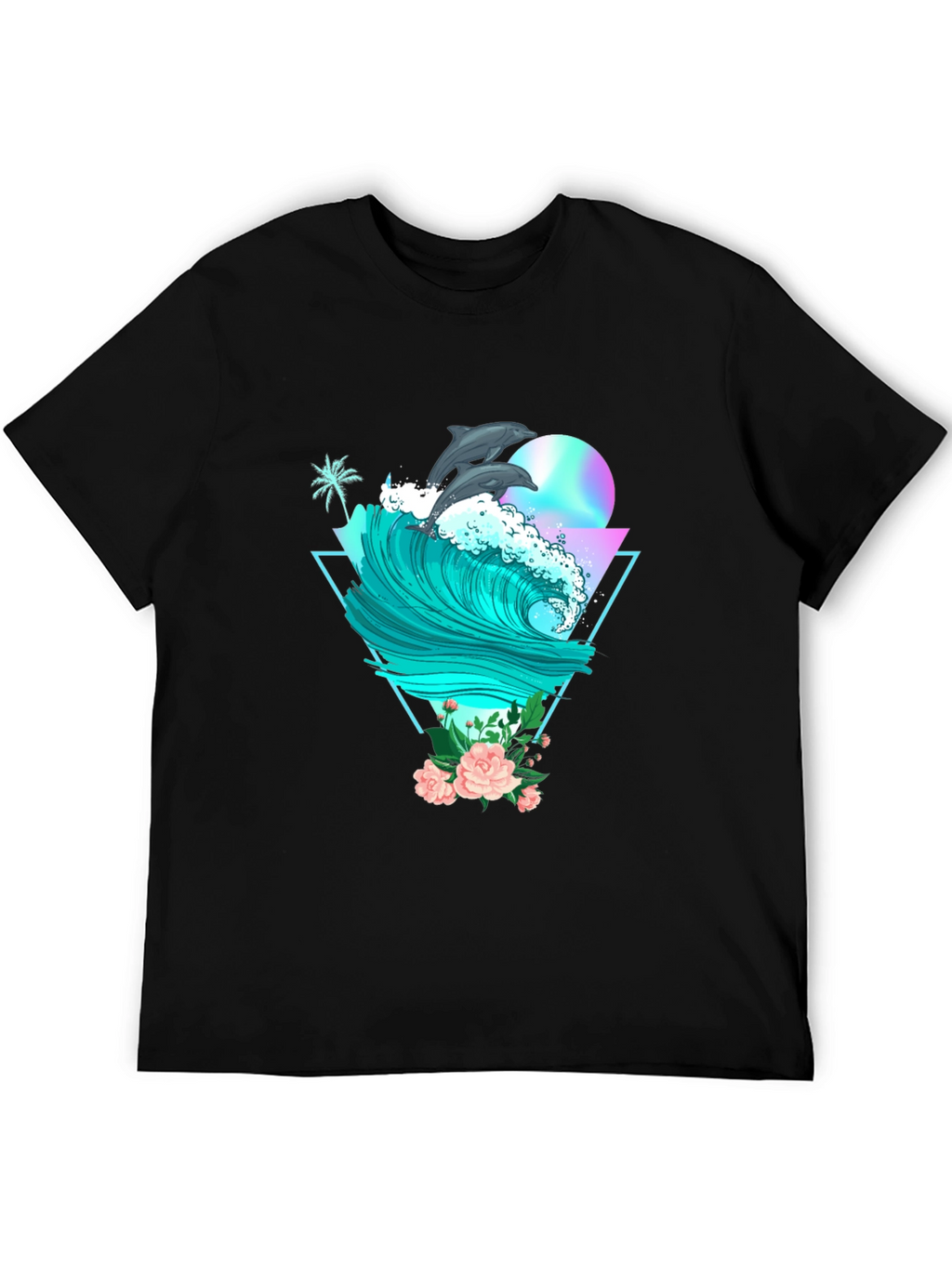 Dolphin Wave Graphic Tee - Black Cotton T-Shirt