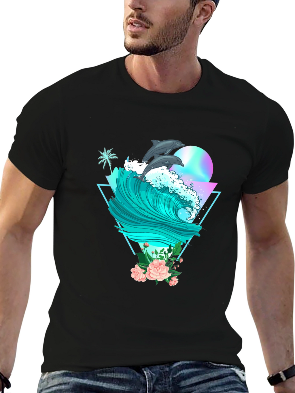 Dolphin Wave Graphic Tee - Black Cotton T-Shirt