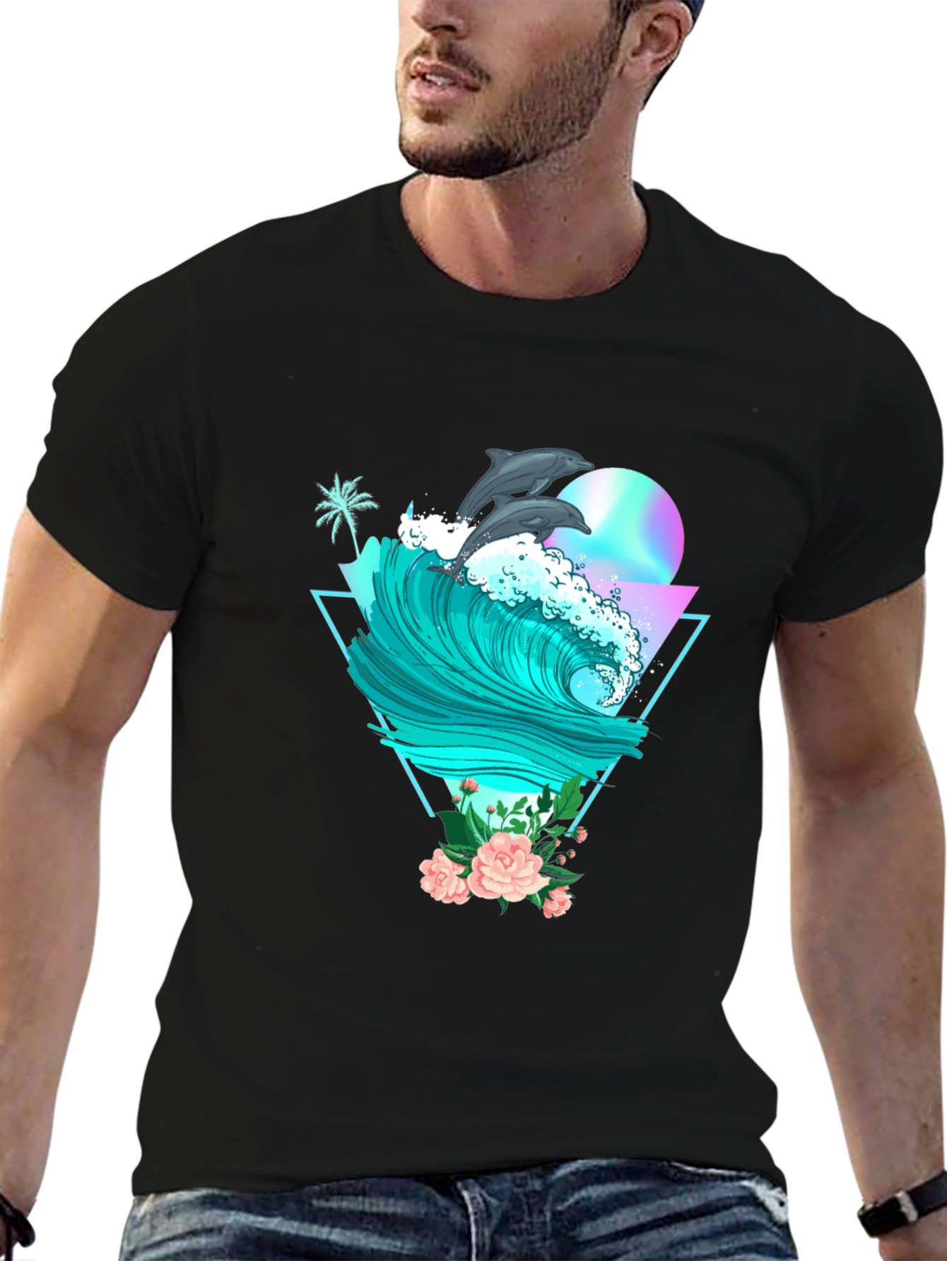 Dolphin Wave Graphic Tee - Black Cotton T-Shirt