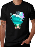 Dolphin Wave Graphic Tee - Black Cotton T-Shirt