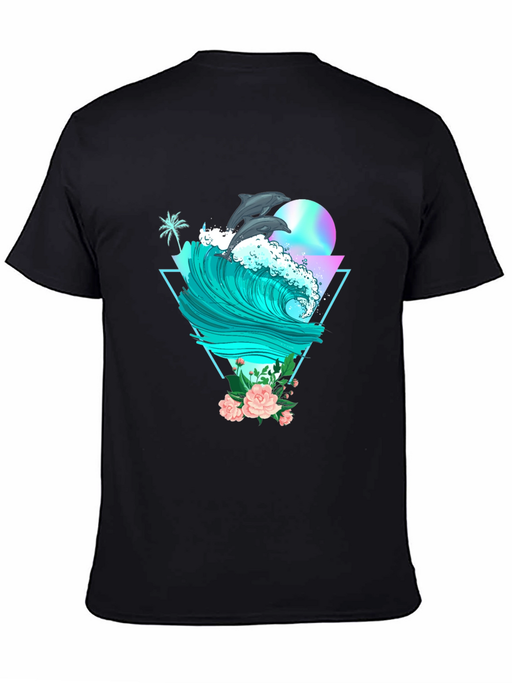 Dolphin Wave Graphic Tee - Black Cotton T-Shirt