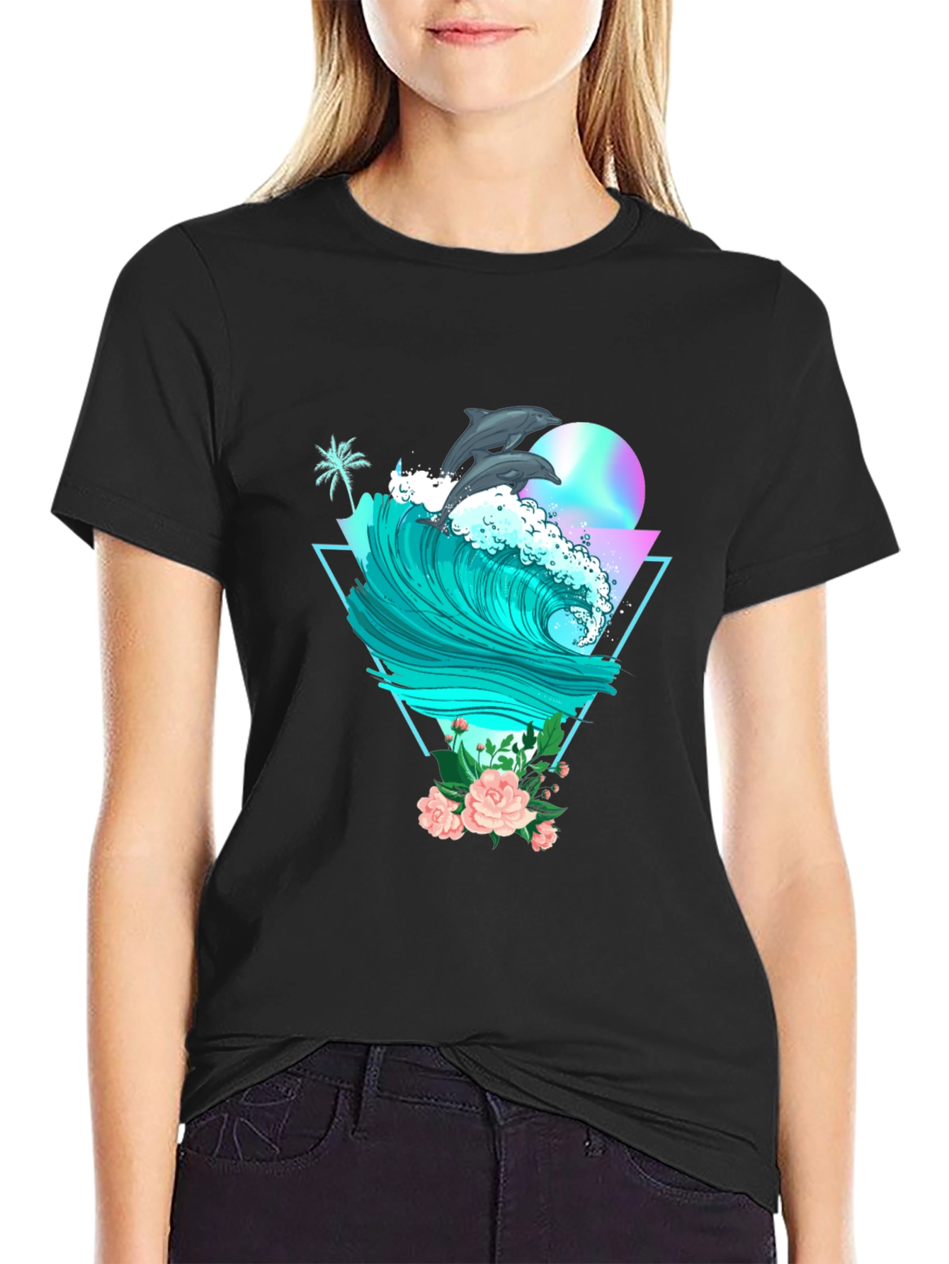 Dolphin Wave Graphic Tee - Black Cotton T-Shirt