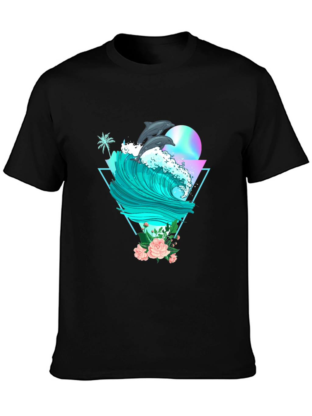 Dolphin Wave Graphic Tee - Black Cotton T-Shirt