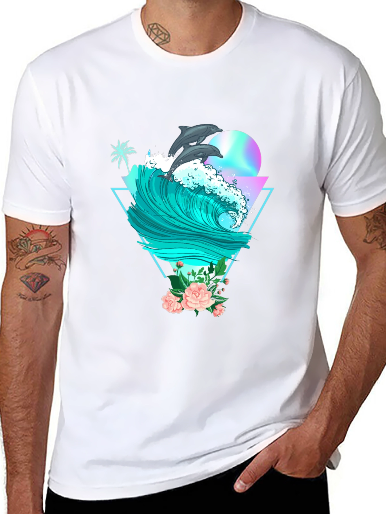 Dolphin Wave Graphic Tee - Black Cotton T-Shirt
