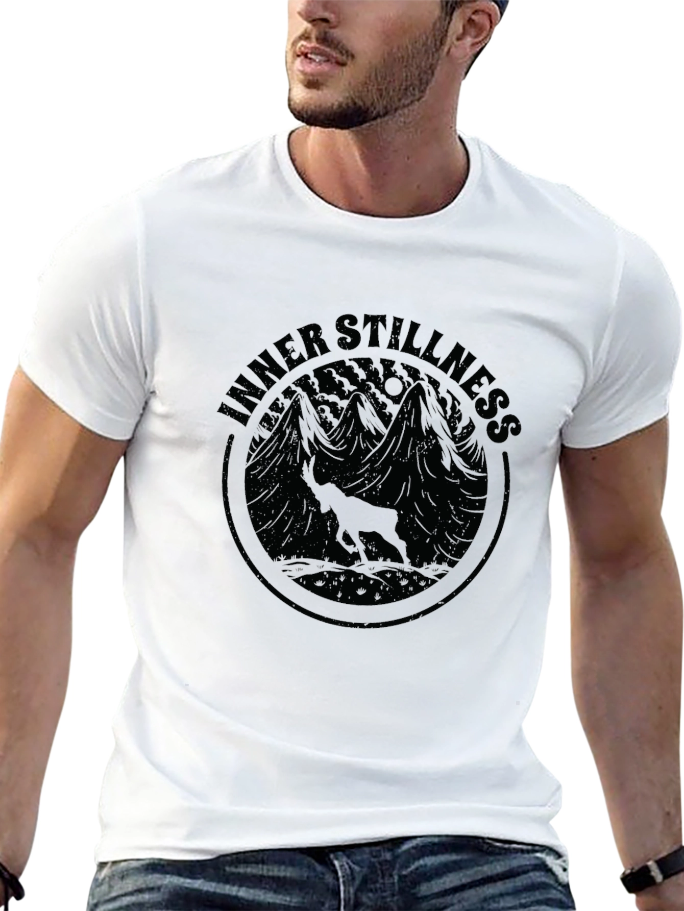 Inner Stillness Black Graphic Tee - Mountain Deer Design