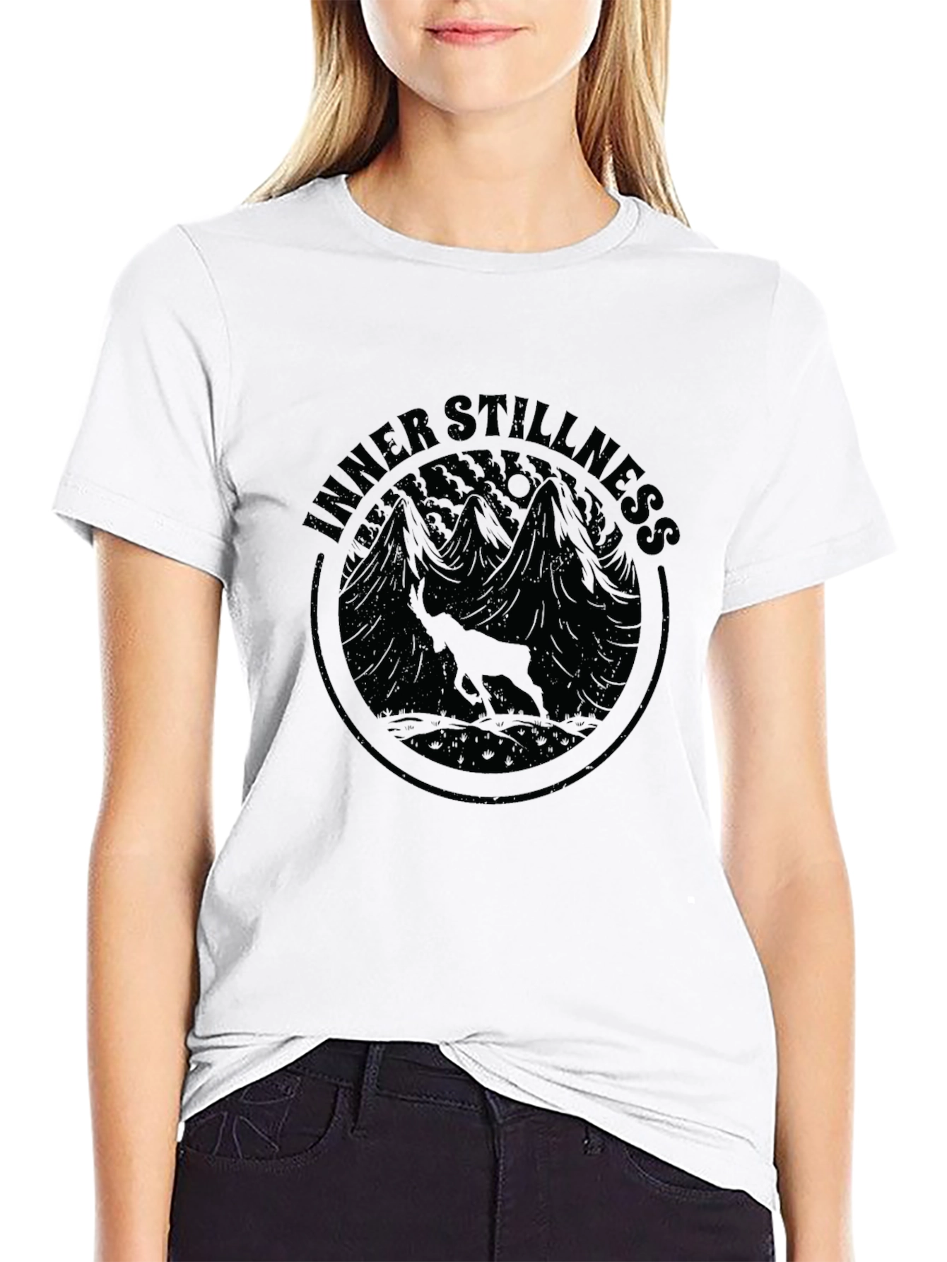 Inner Stillness Black Graphic Tee - Mountain Deer Design