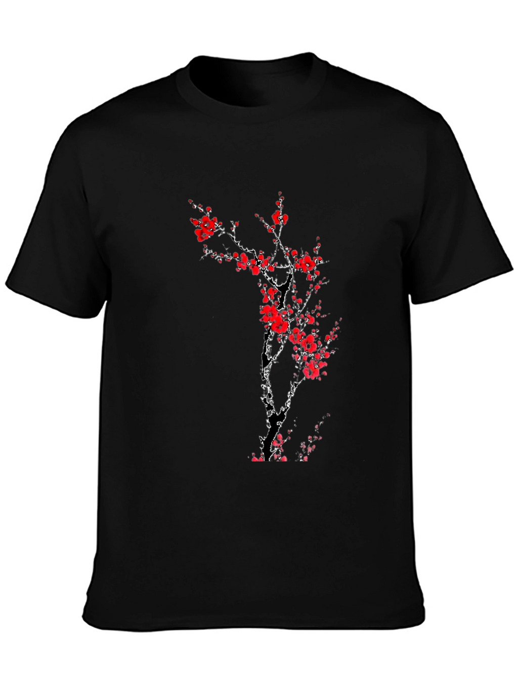 Black T-Shirt with Red Cherry Blossom Design