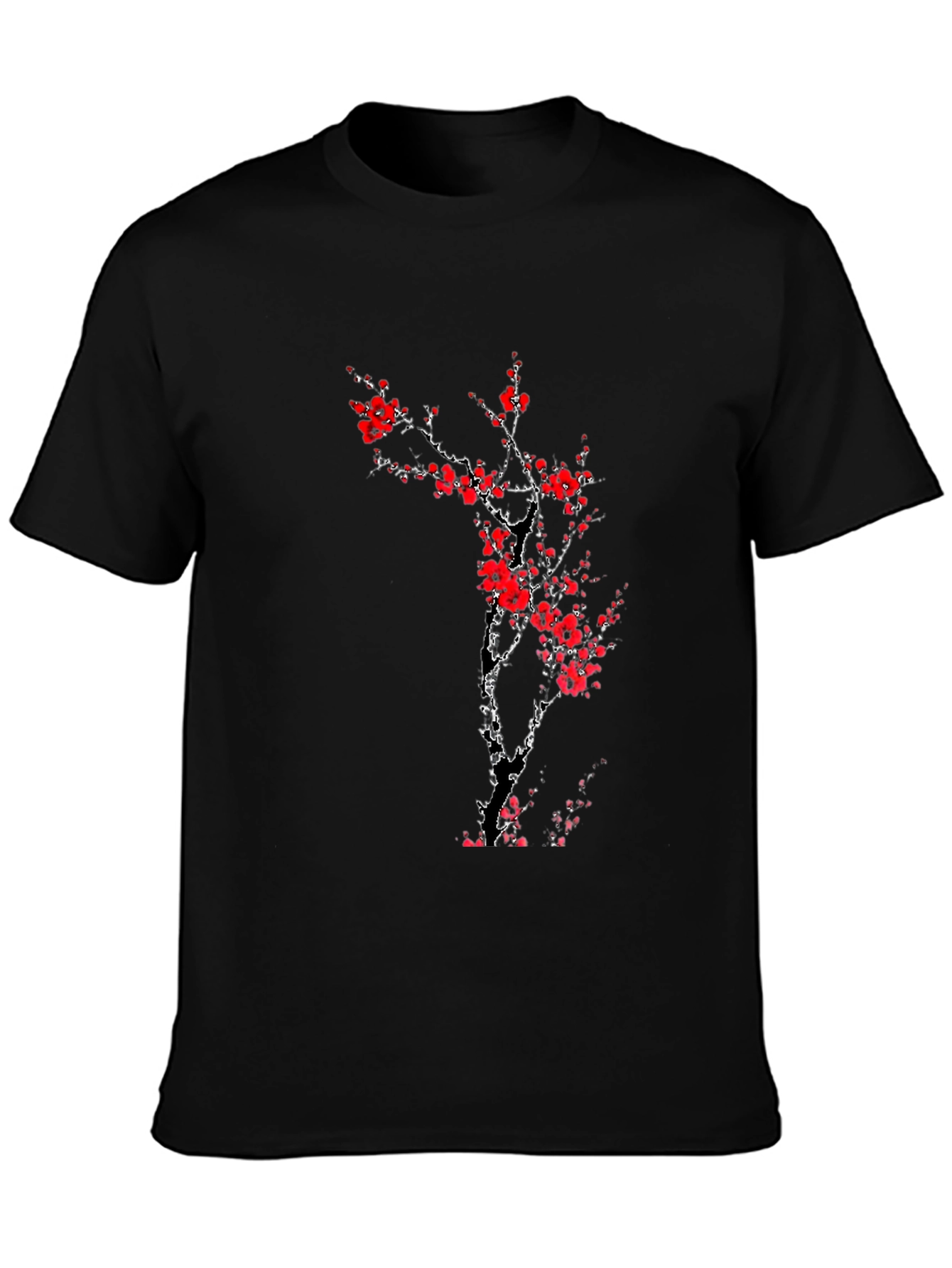 Black T-Shirt with Red Cherry Blossom Design