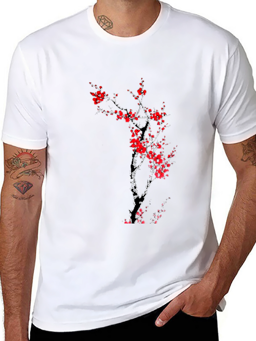 Black T-Shirt with Red Cherry Blossom Design