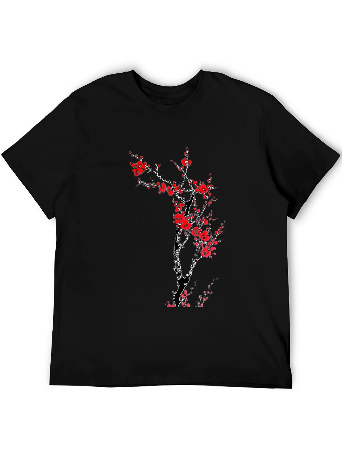 Black T-Shirt with Red Cherry Blossom Design