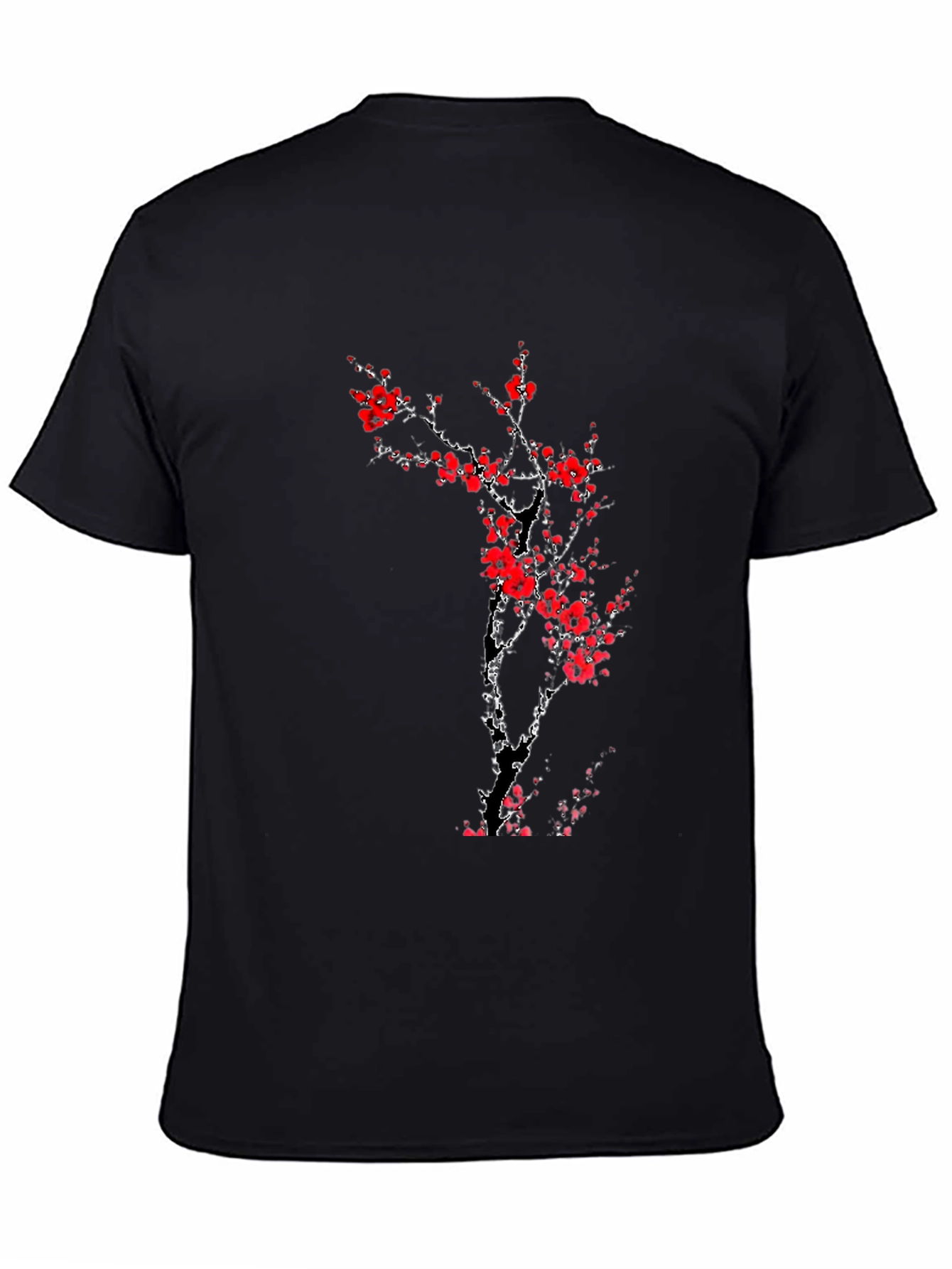 Black T-Shirt with Red Cherry Blossom Design