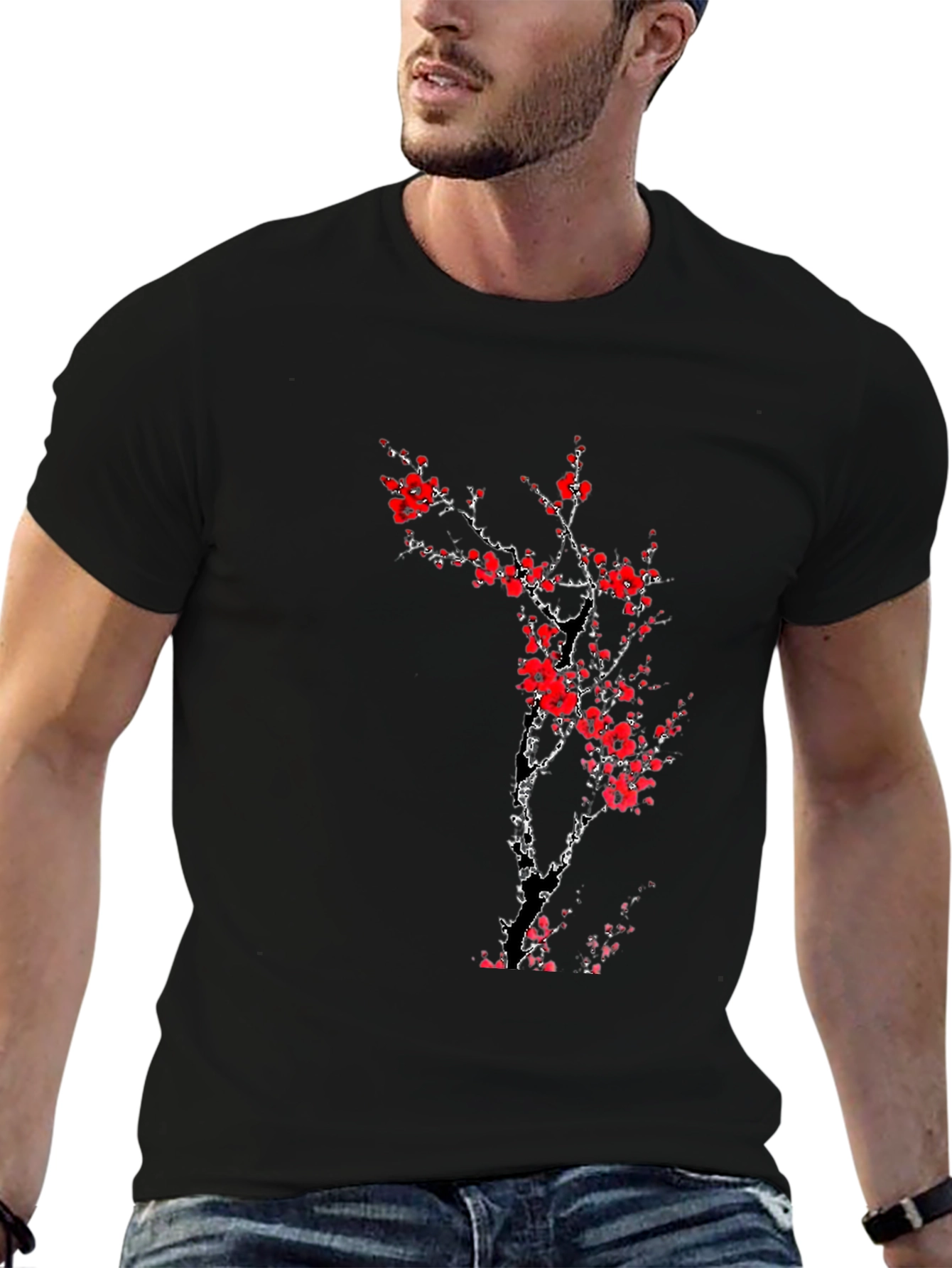 Black T-Shirt with Red Cherry Blossom Design