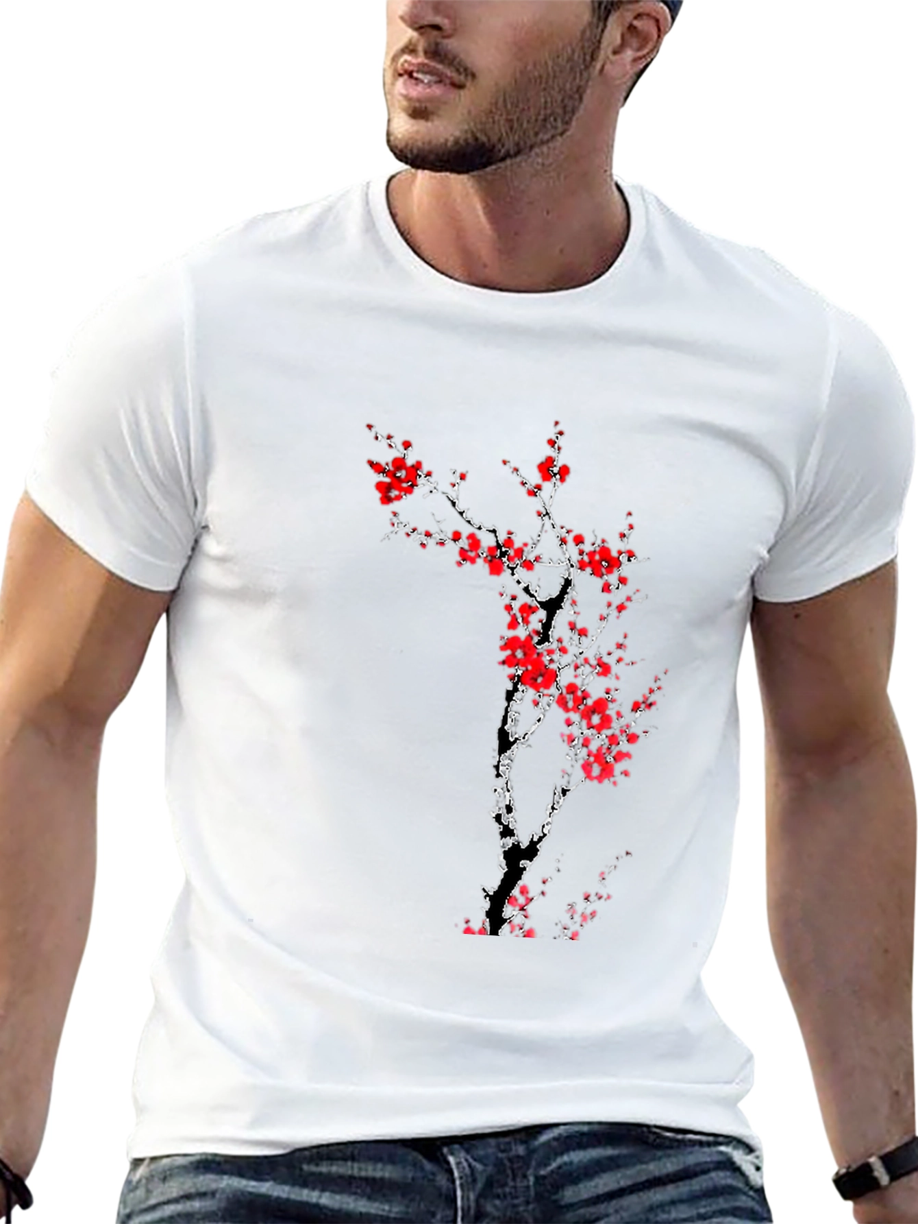 Black T-Shirt with Red Cherry Blossom Design