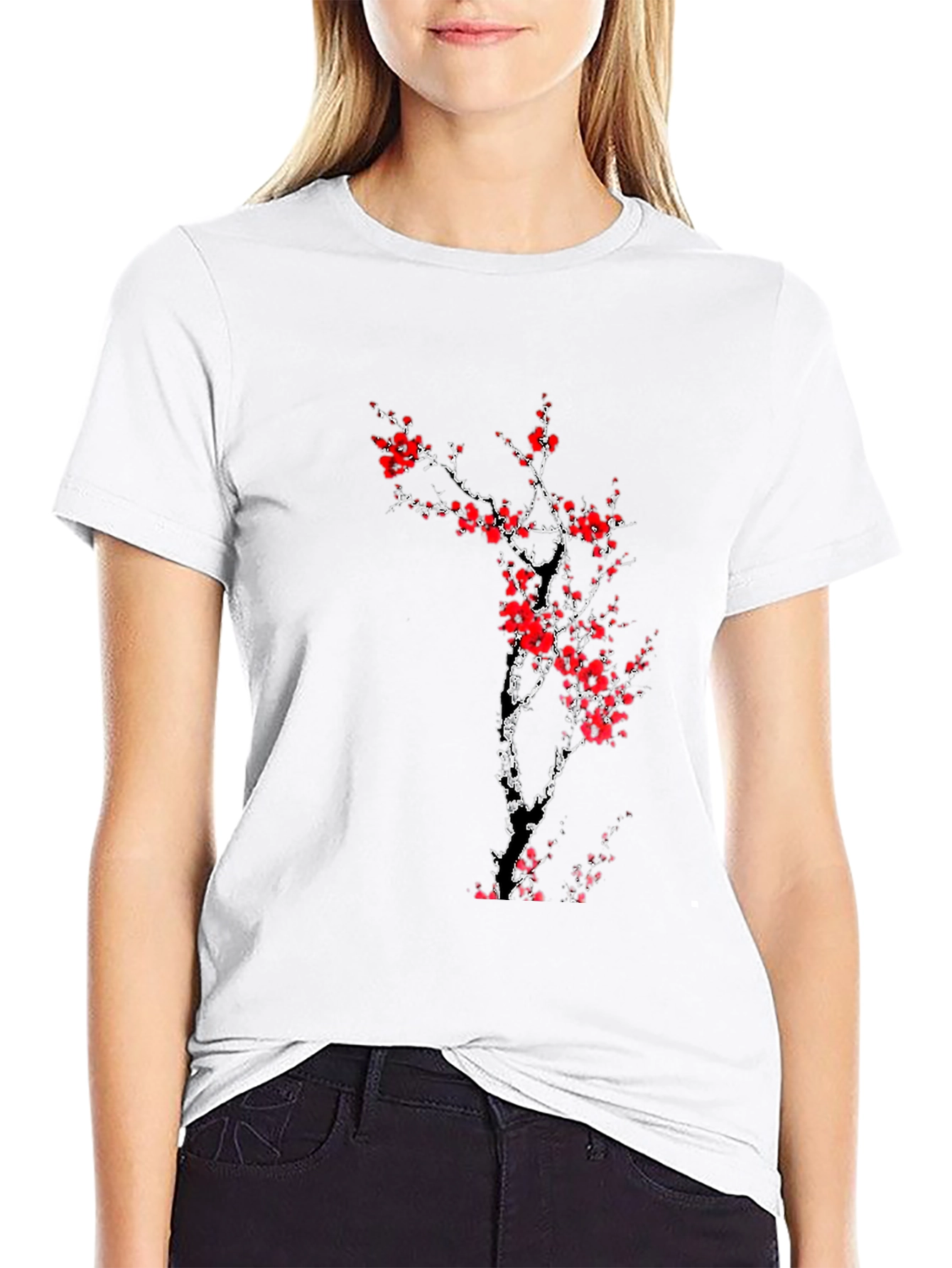 Black T-Shirt with Red Cherry Blossom Design