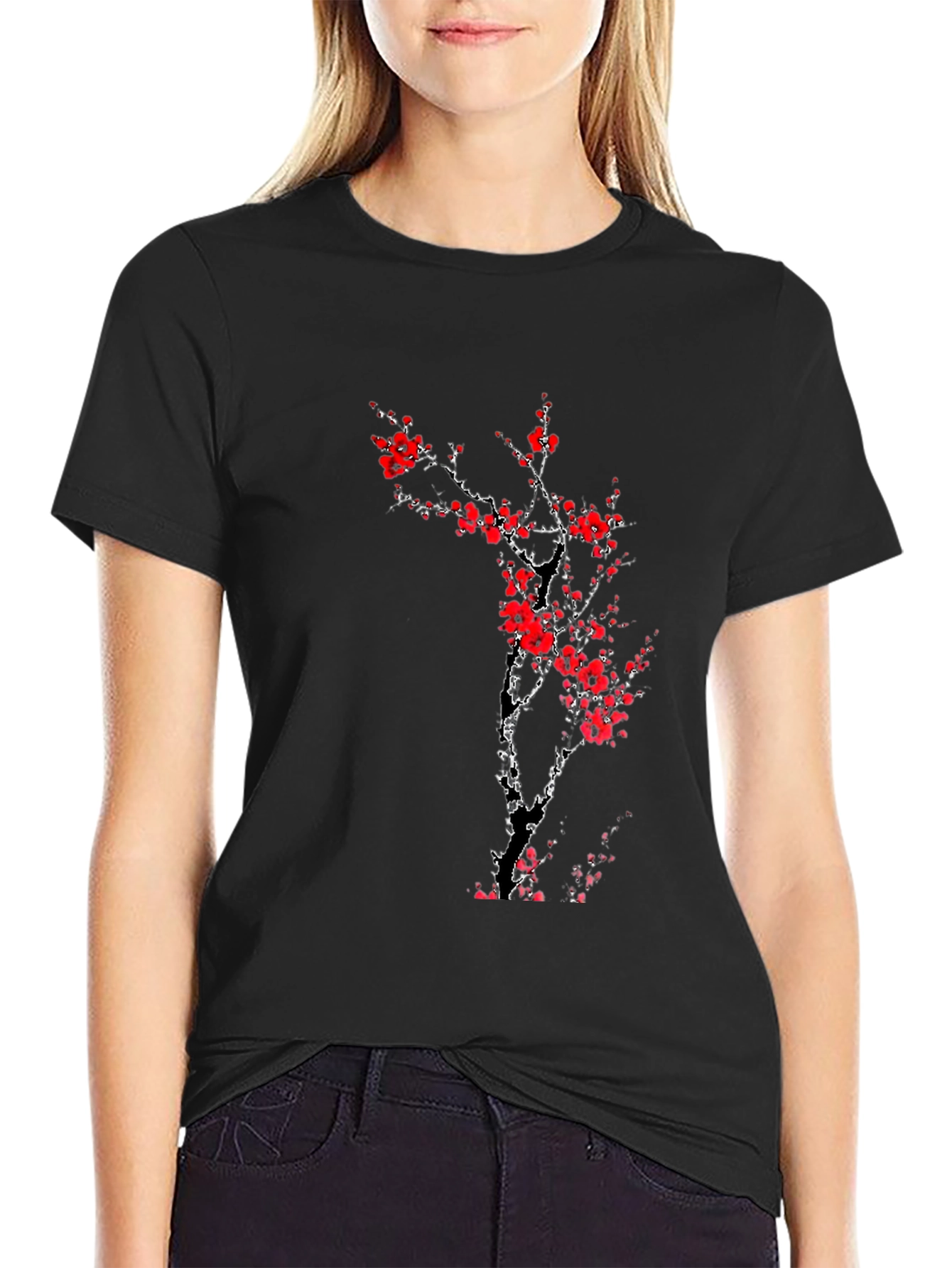 Black T-Shirt with Red Cherry Blossom Design