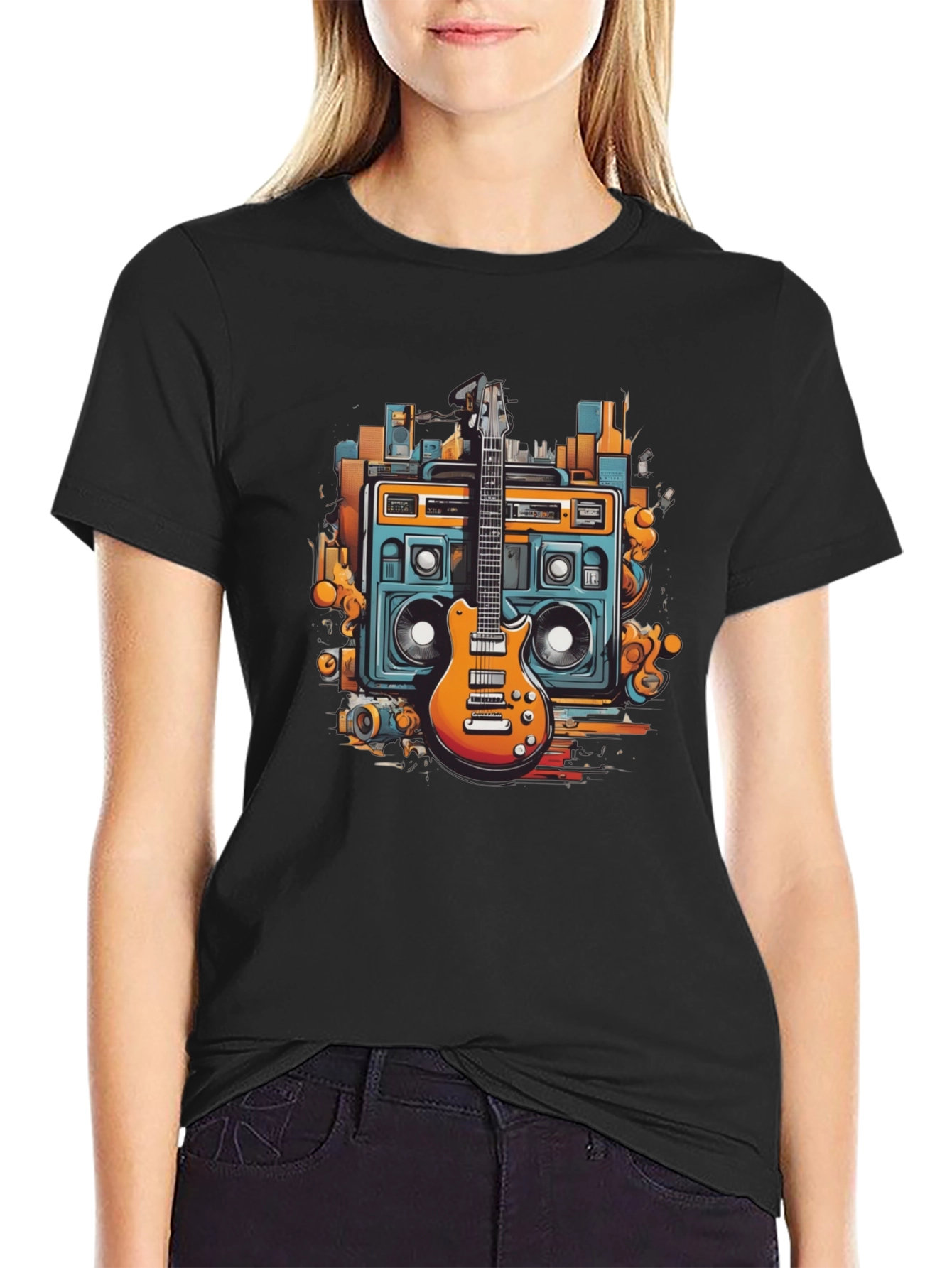 Retro Boombox Guitar Graphic T-Shirt
