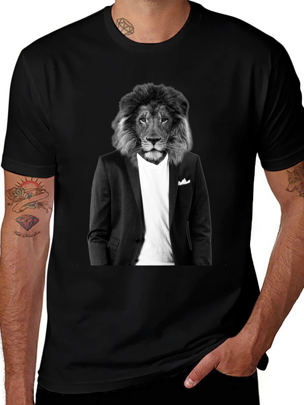 Lion Suit T-Shirt - Black Crew Neck Graphic Tee