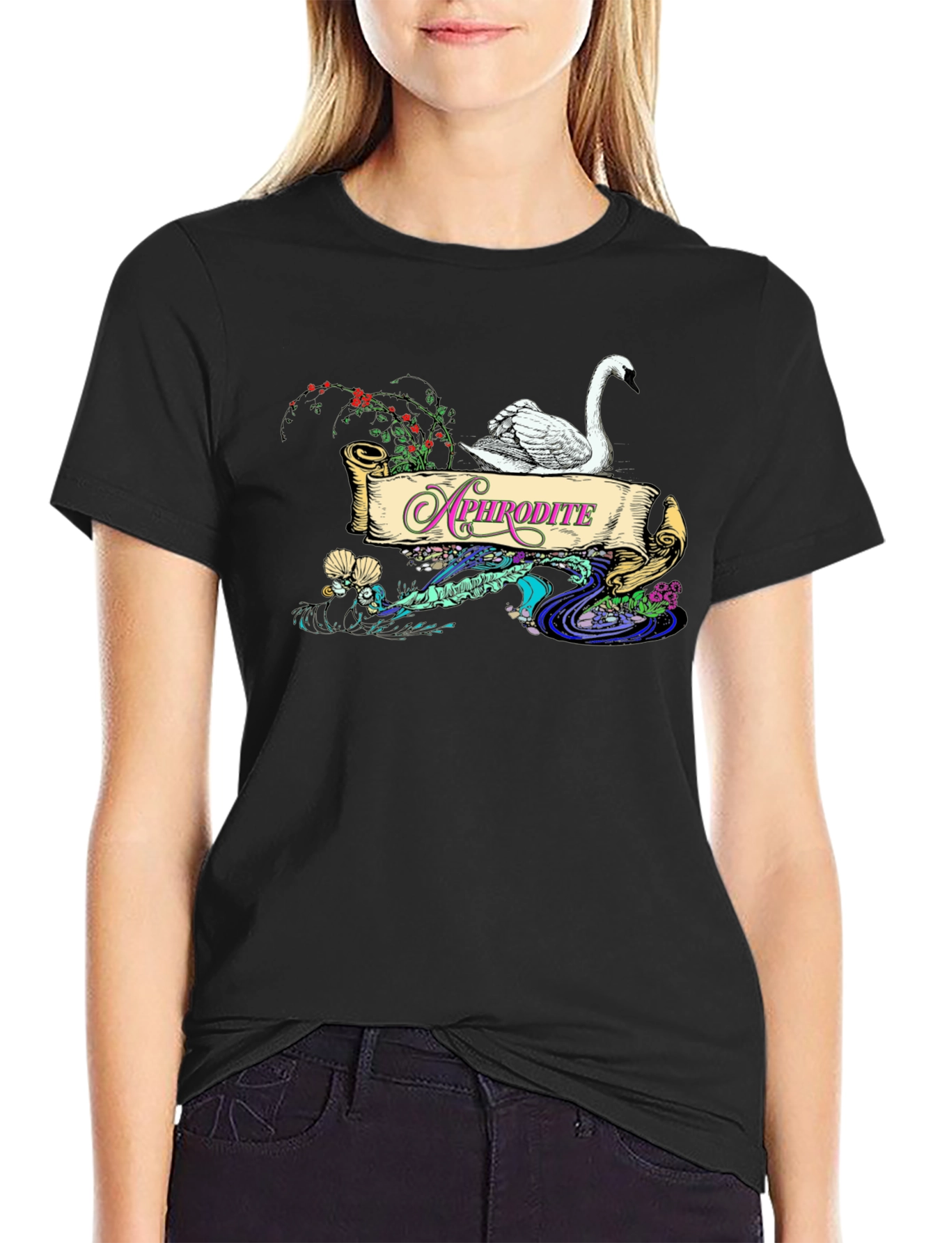 Aphrodite Swan T-Shirt - Elegant Goddess Design
