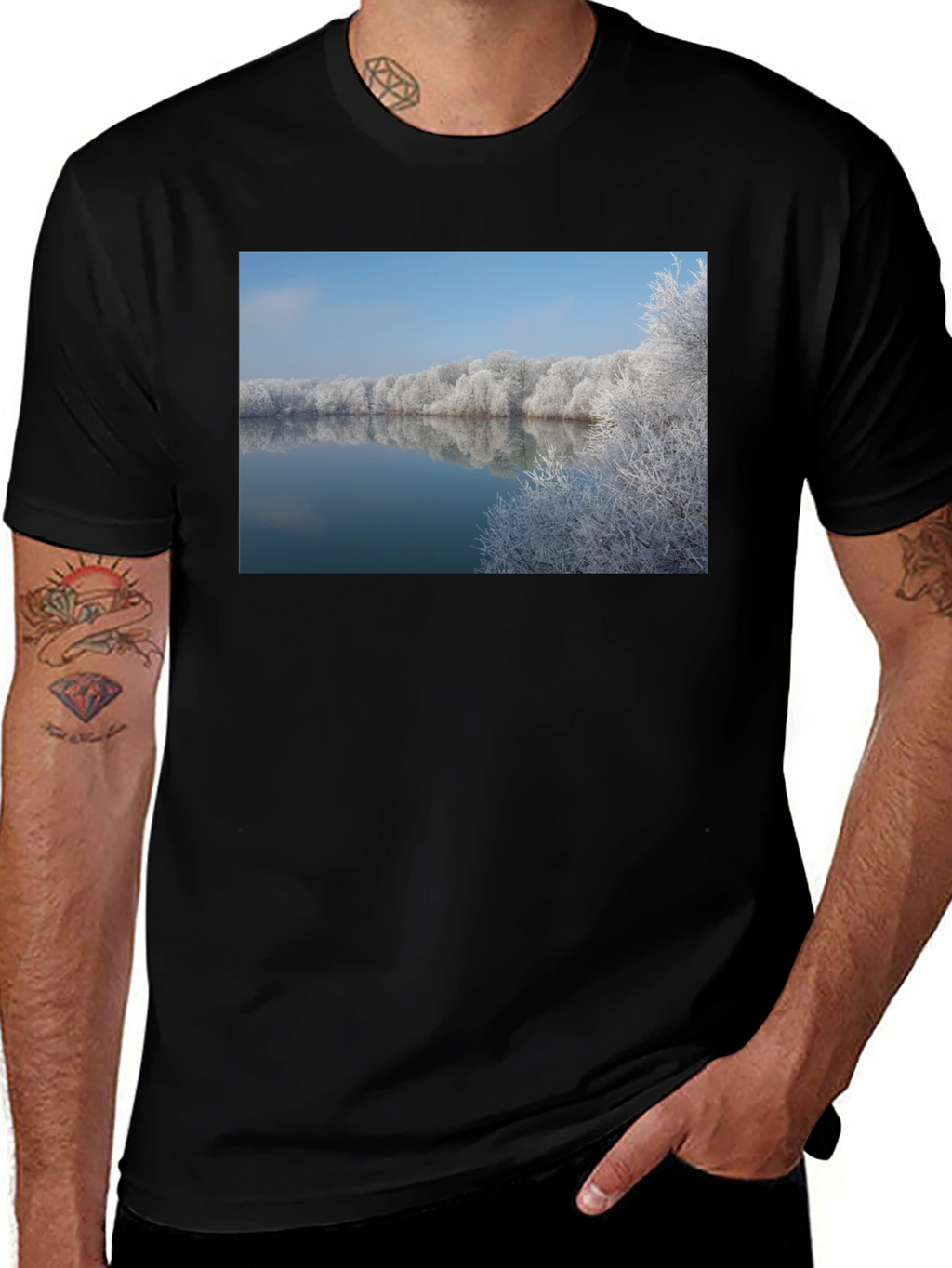 Winter Lake Reflection Graphic Tee - Black