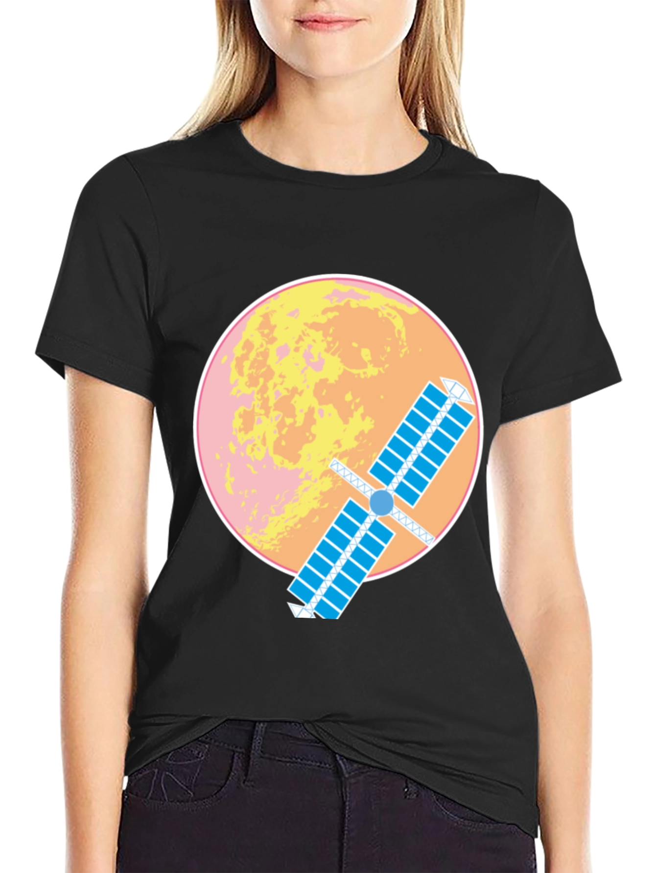 Space Satellite Graphic T-Shirt -  Black