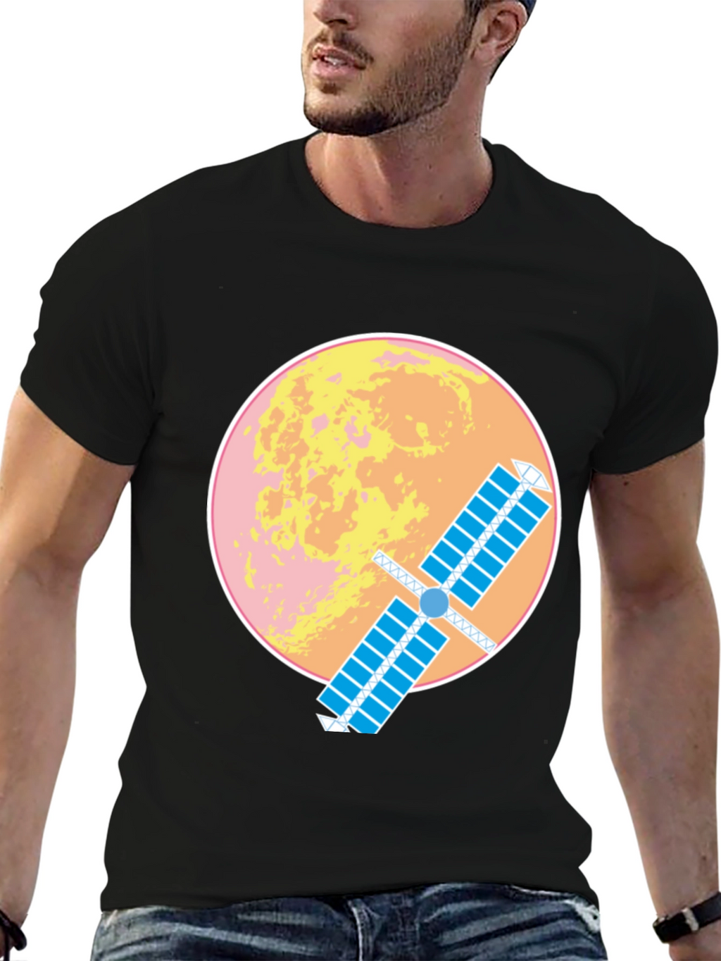 Space Satellite Graphic T-Shirt -  Black