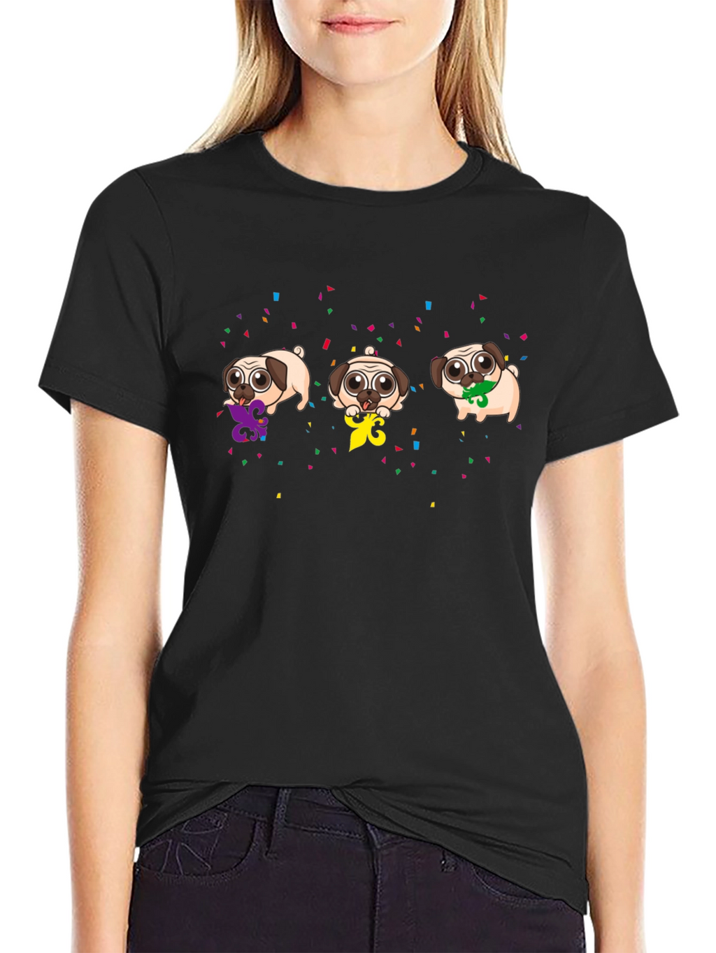 Mardi Gras Pugs Black T-Shirt