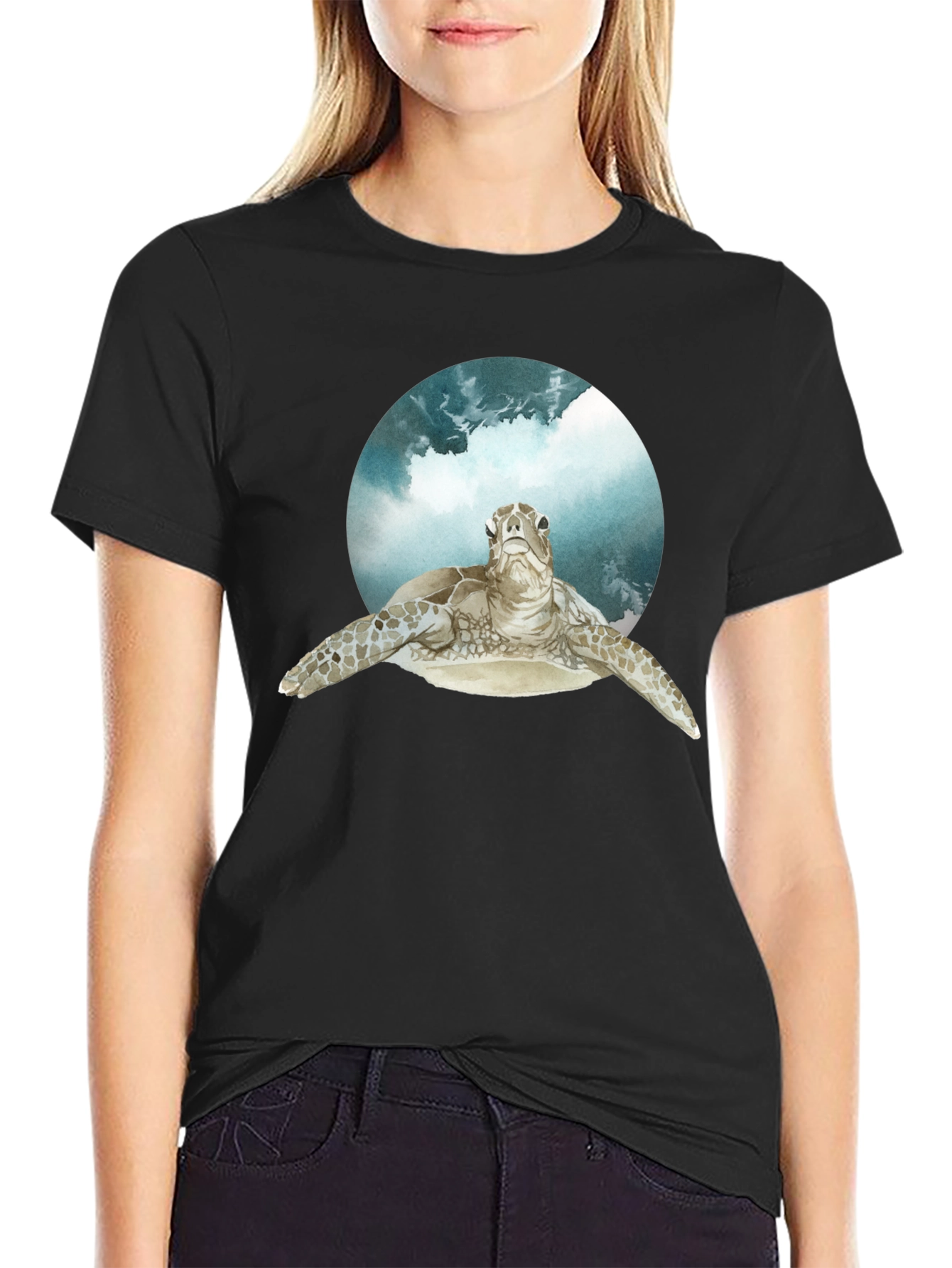 Sea Turtle Graphic Print Black T-Shirt