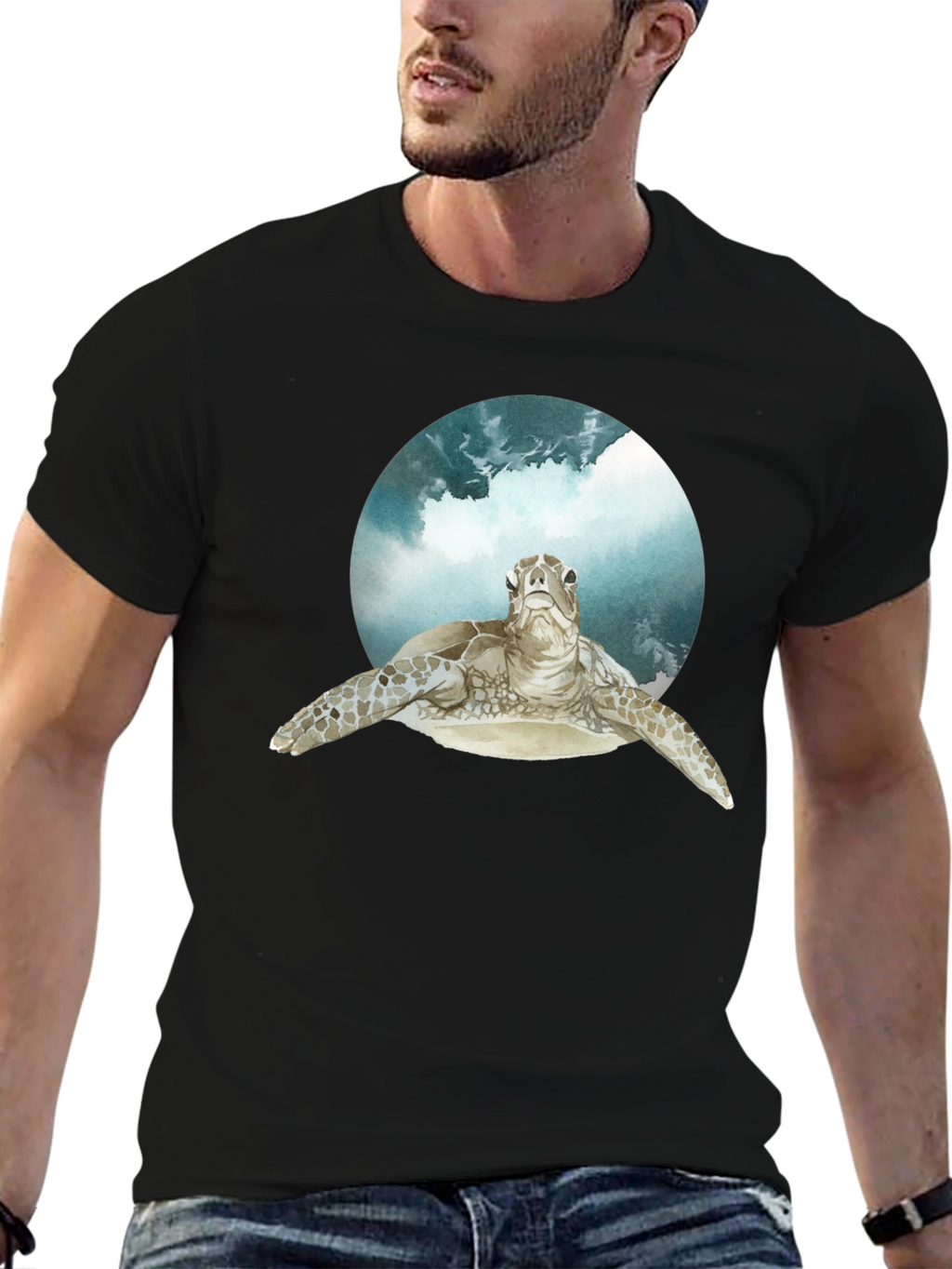 Sea Turtle Graphic Print Black T-Shirt