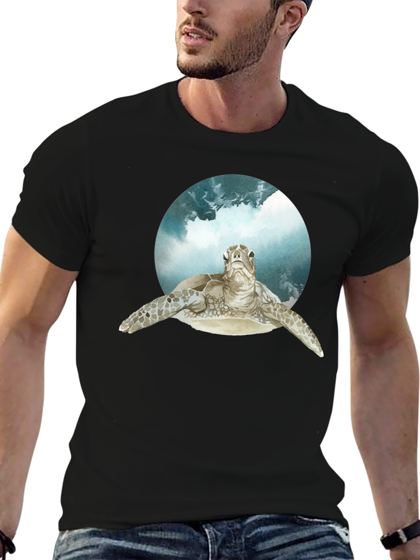 Sea Turtle Graphic Print Black T-Shirt