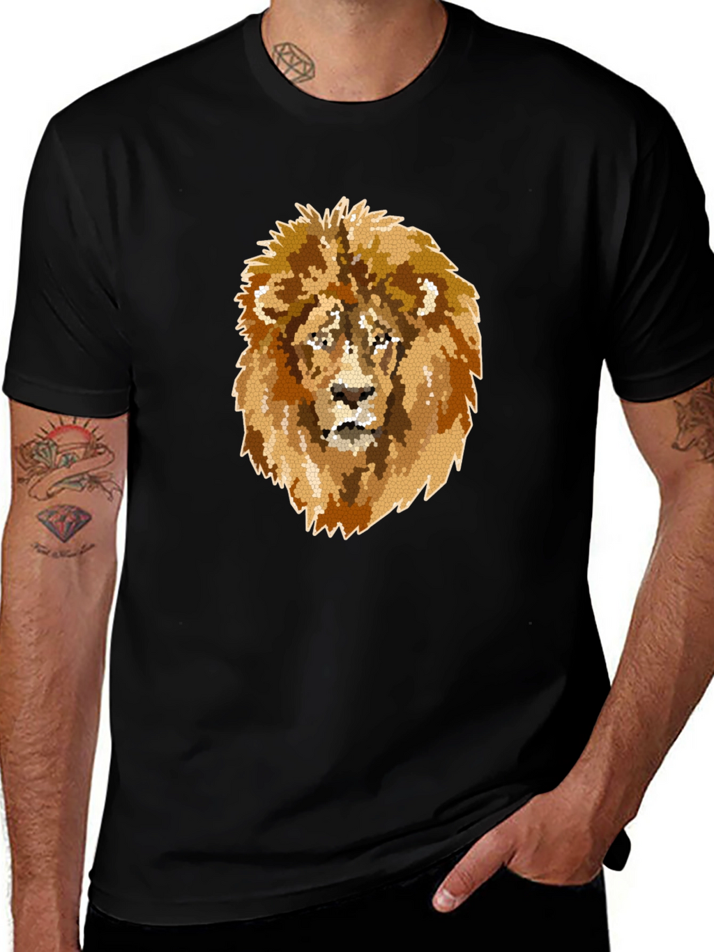 Lion Mosaic Graphic Print Black T-Shirt