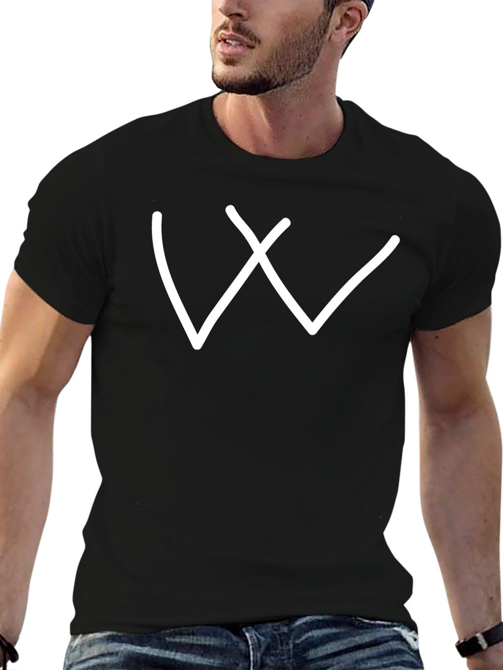 Simple White Letter W Graphic Black Tee