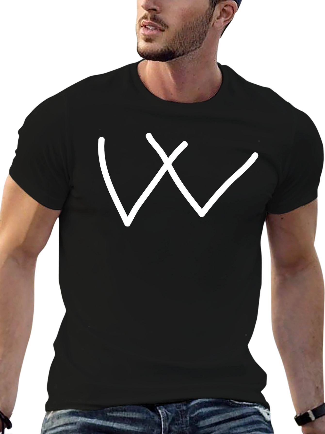 Simple White Letter W Graphic Black Tee