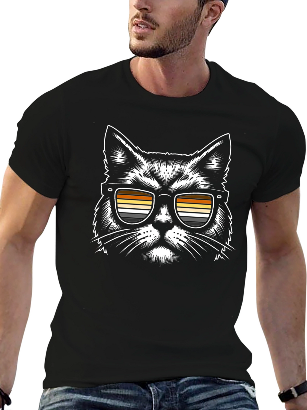 Cool Cat T-Shirt - Retro Striped Sunglasses