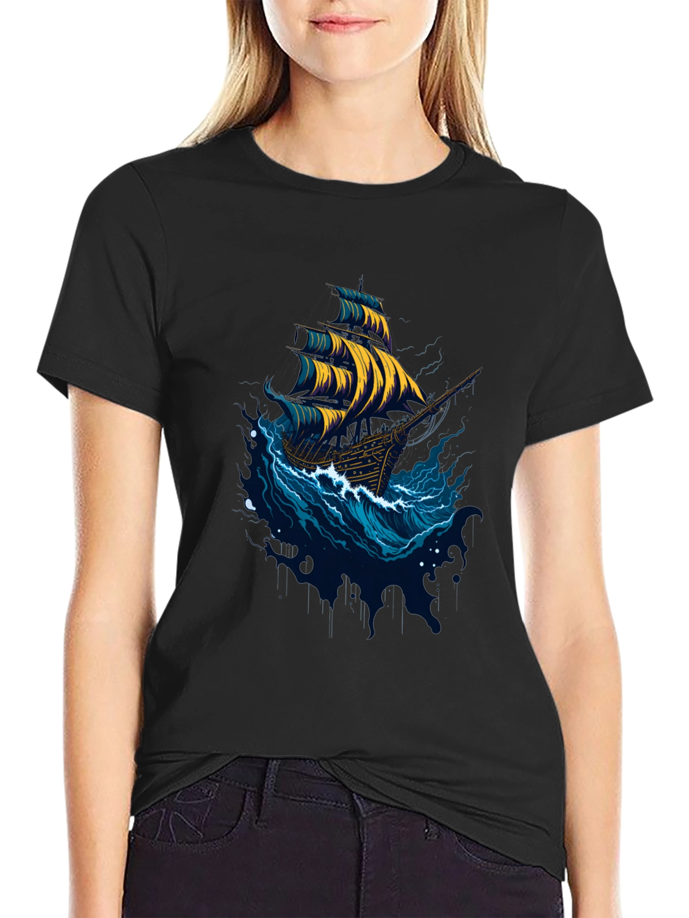 Nautical Ship Graphic Tee - Black Cotton T-Shirt
