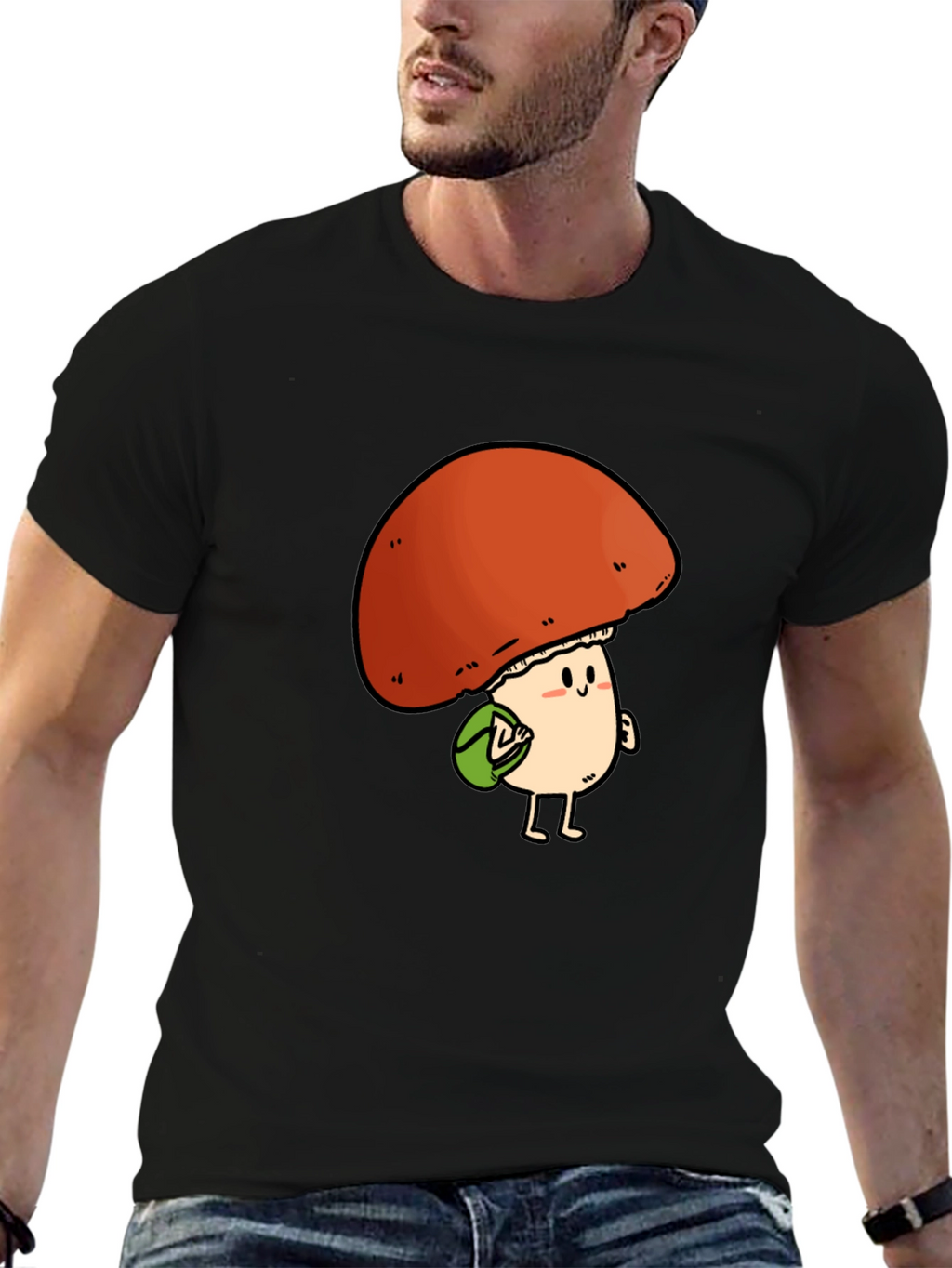 Cute Mushroom Character Black T-Shirt