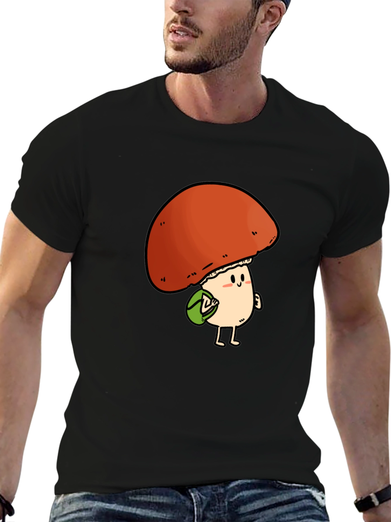 Cute Mushroom Character Black T-Shirt