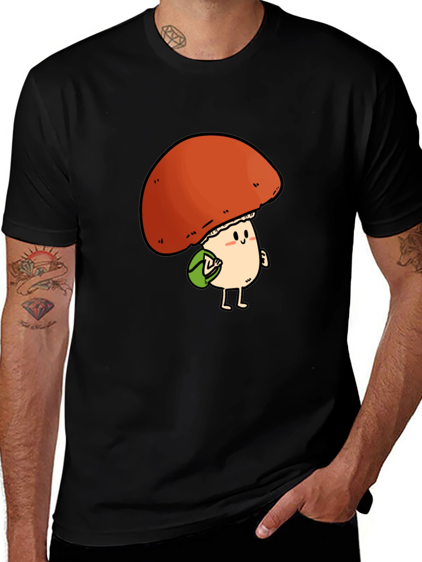 Cute Mushroom Character Black T-Shirt