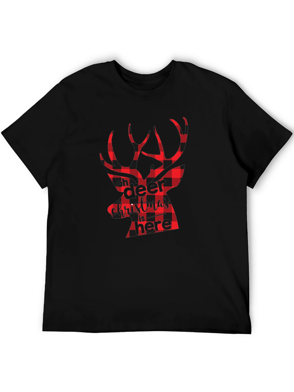 Plaid Deer Christmas Graphic Tee - Black
