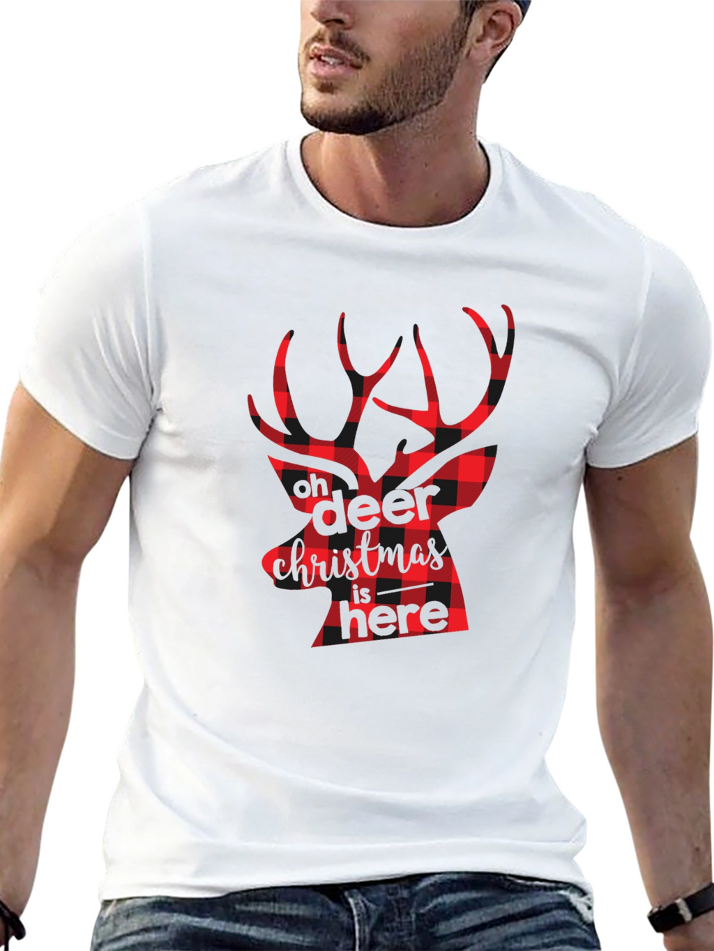 Plaid Deer Christmas Graphic Tee - Black