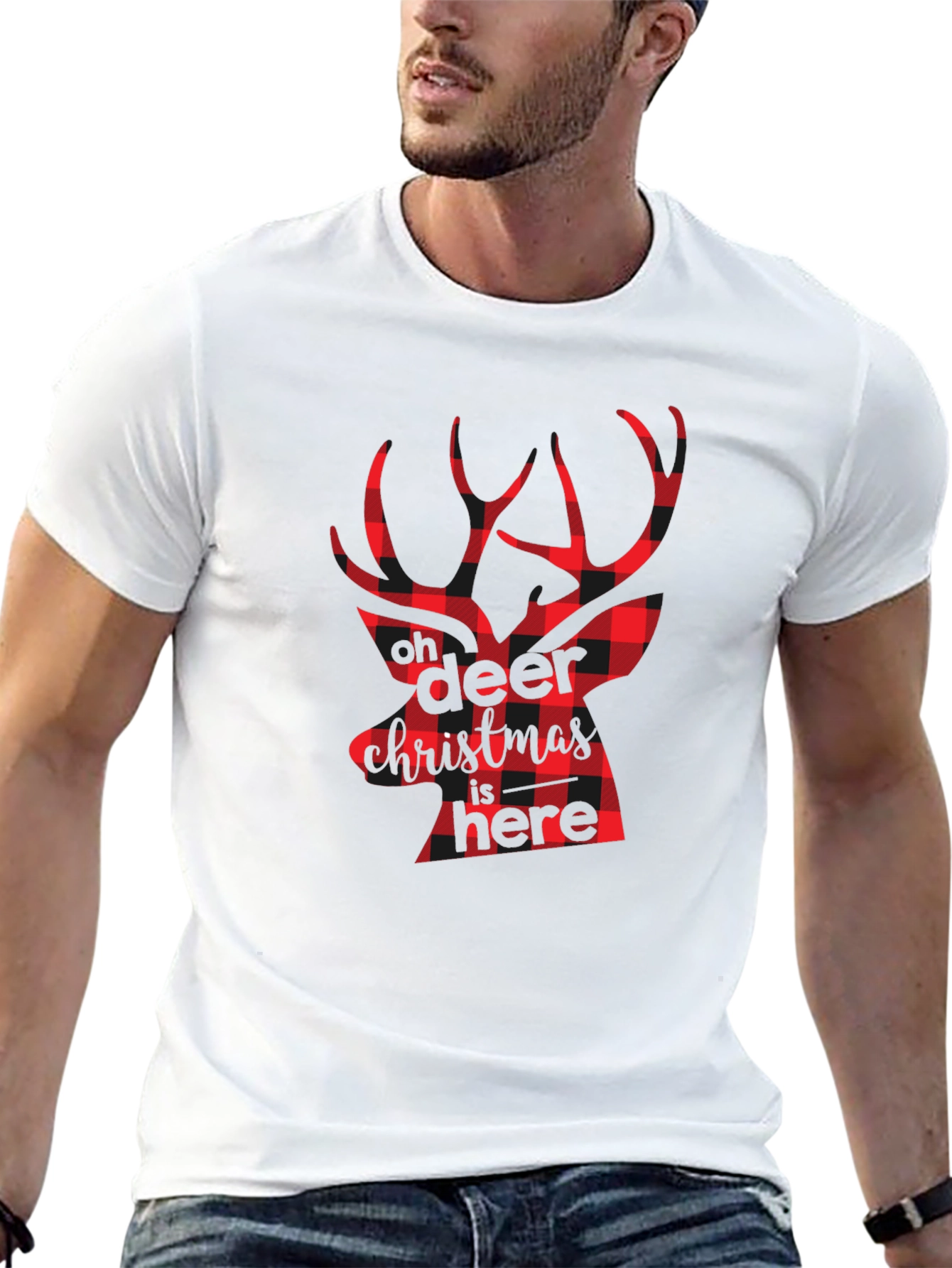 Plaid Deer Christmas Graphic Tee - Black