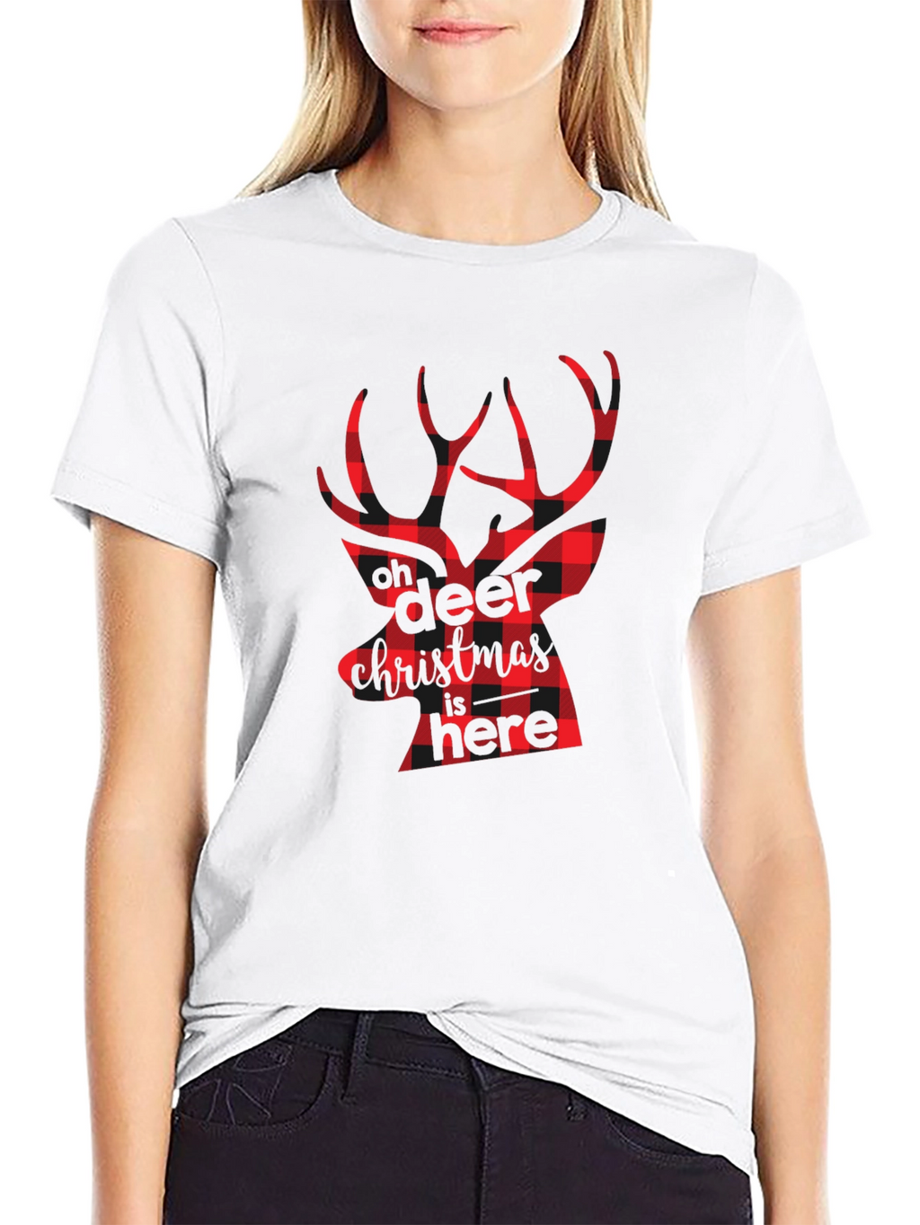 Plaid Deer Christmas Graphic Tee - Black