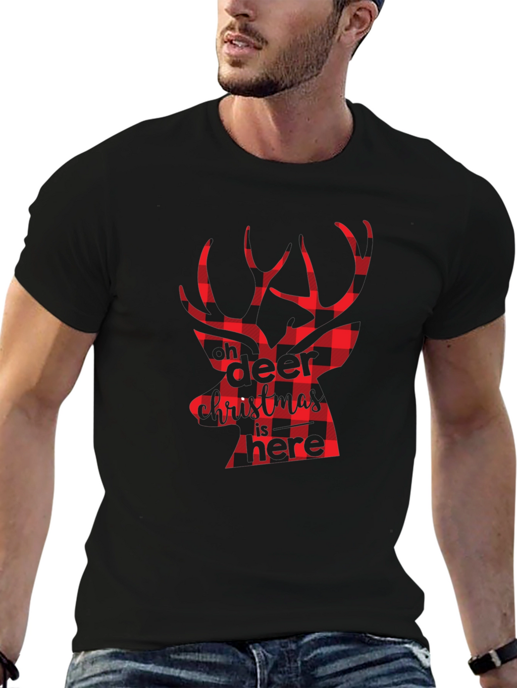 Plaid Deer Christmas Graphic Tee - Black
