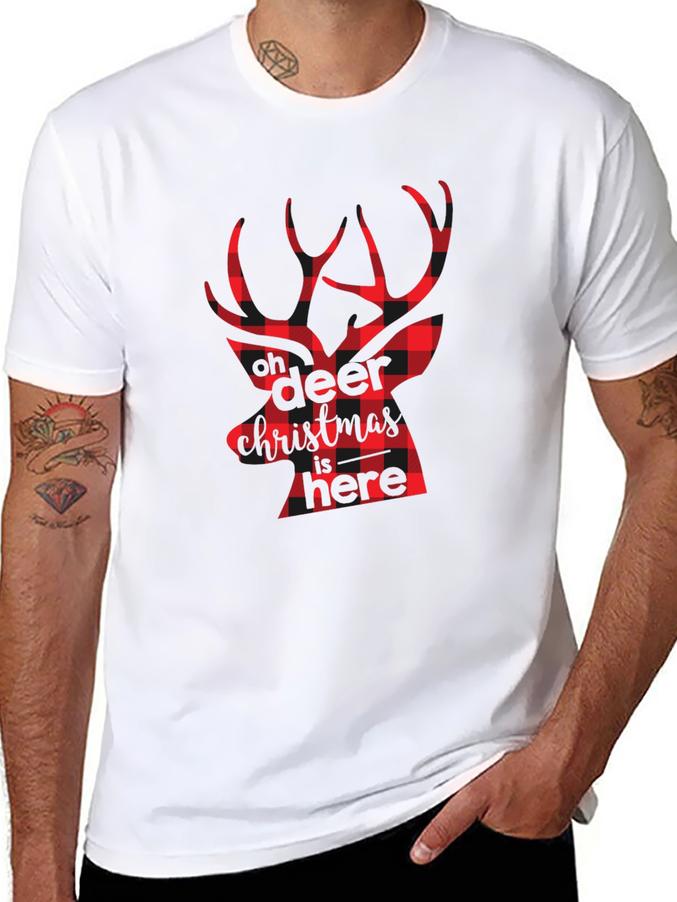 Plaid Deer Christmas Graphic Tee - Black