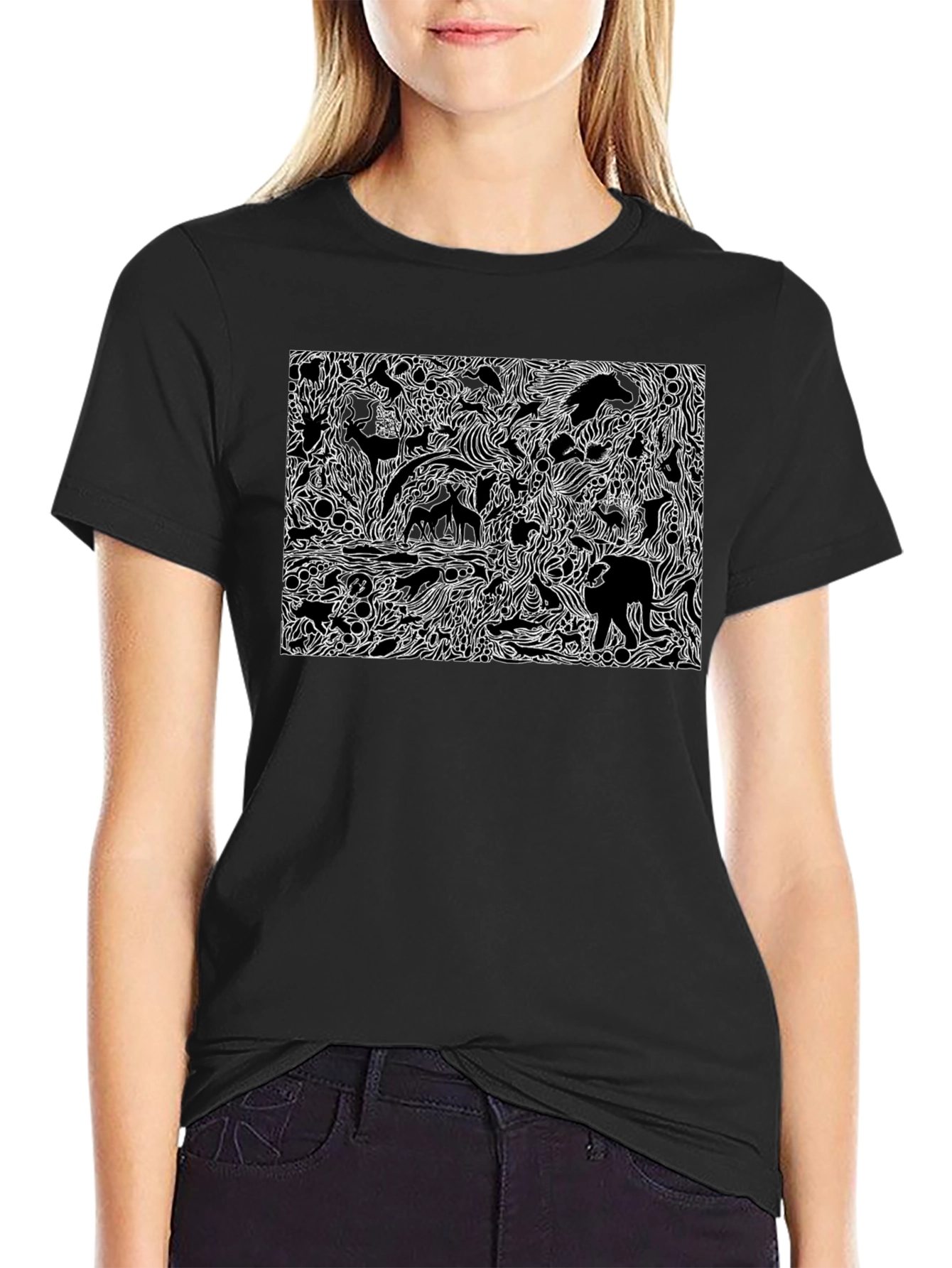 Black Graphic Tee with Animal Print
