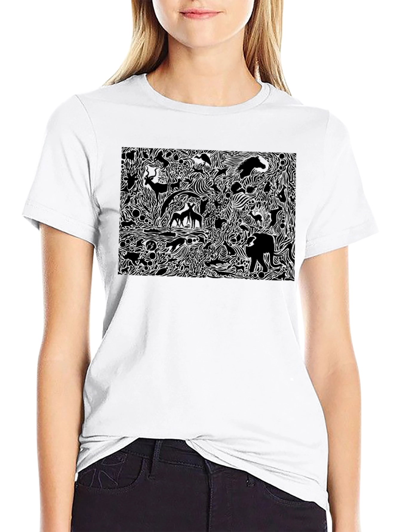 Black Graphic Tee with Animal Print