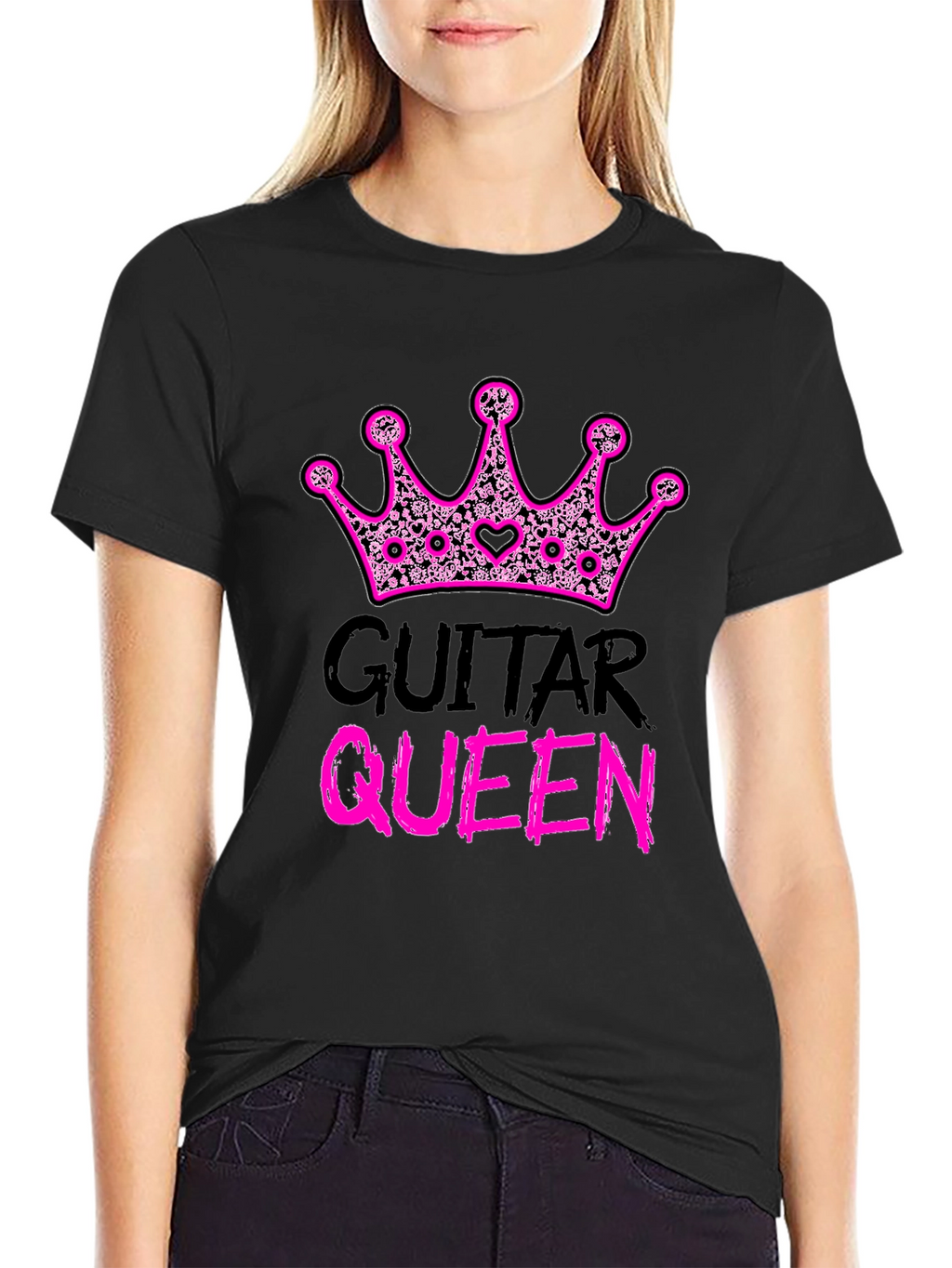 Guitar Queen Pink Crown Black T-Shirt
