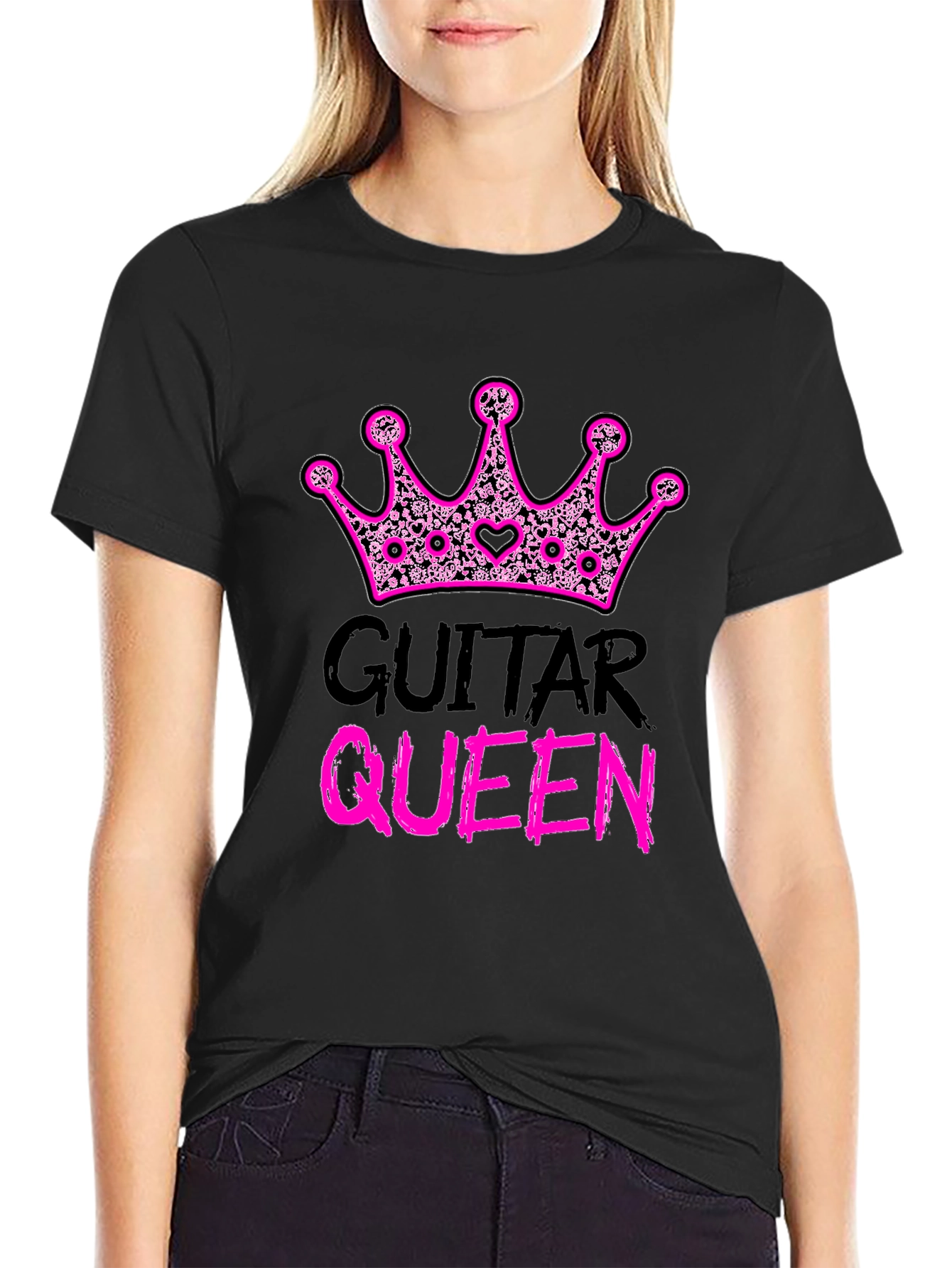 Guitar Queen Pink Crown Black T-Shirt