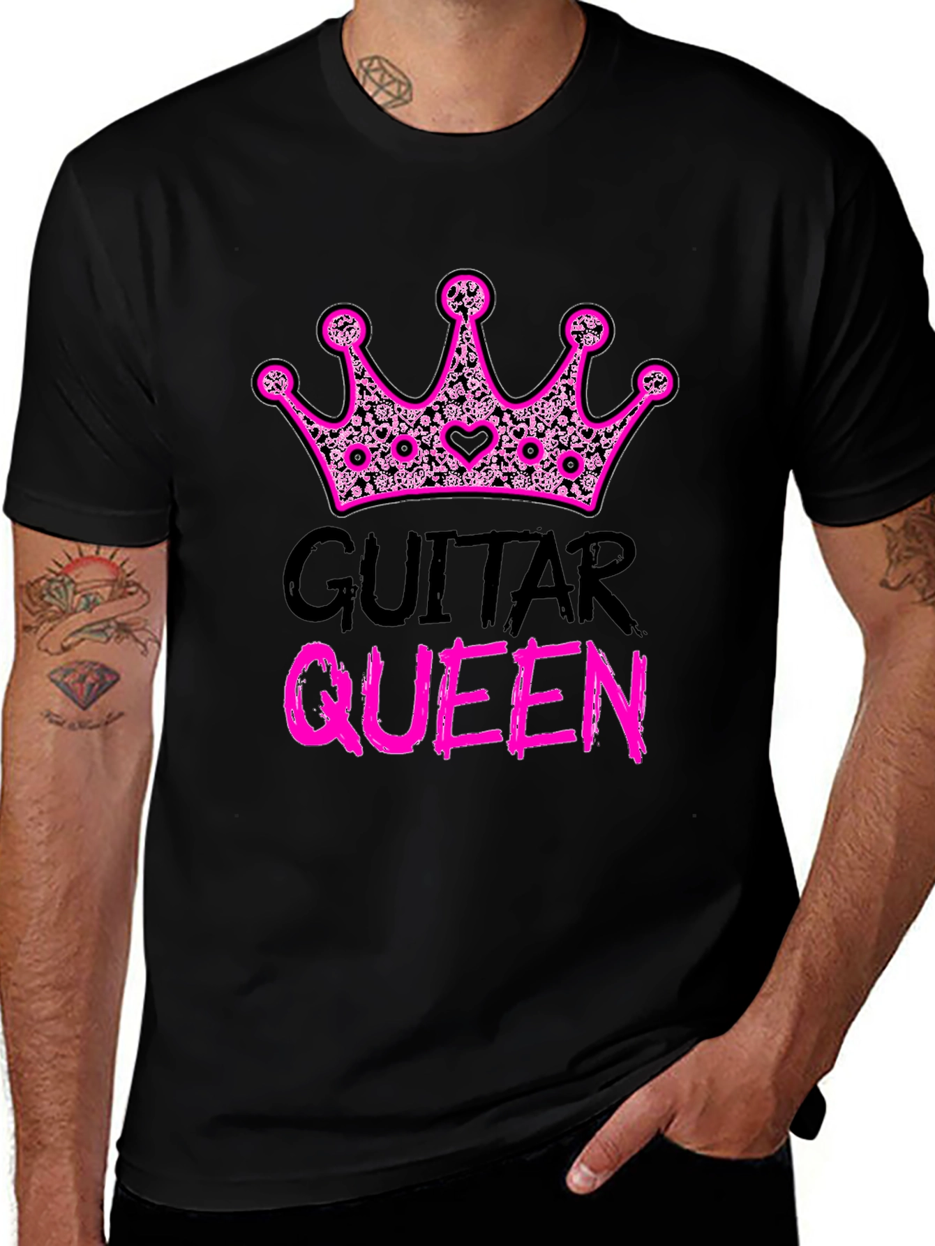 Guitar Queen Pink Crown Black T-Shirt