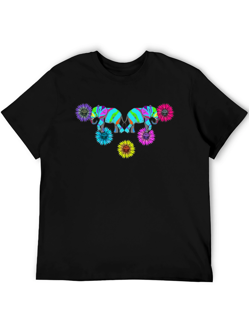 Elephant Sunflower Graphic Print Black T-Shirt